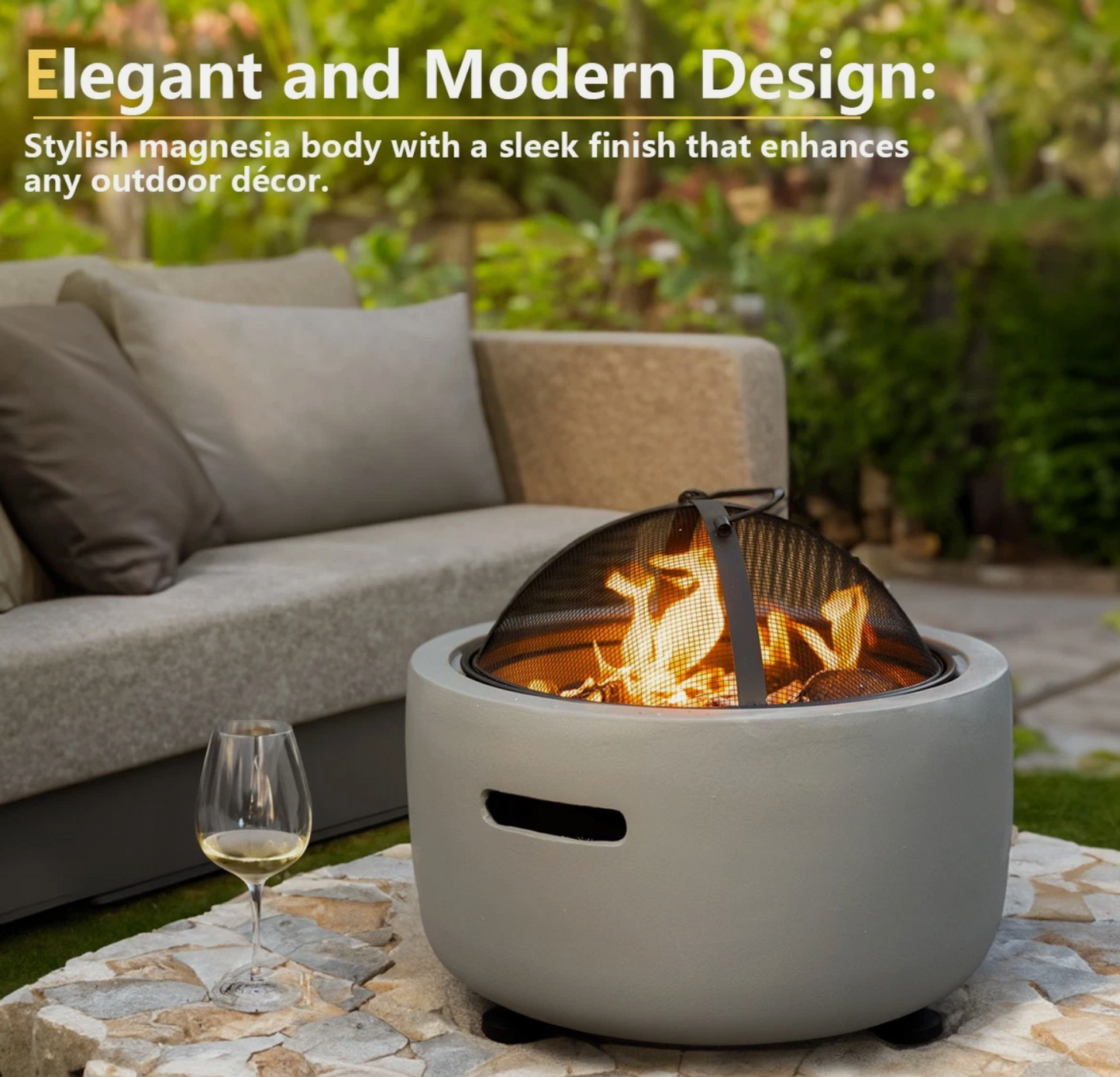 Barton MGO Concrete 18" Round Charcoal Wood Burning Firepit, Grate, BBQ Grill