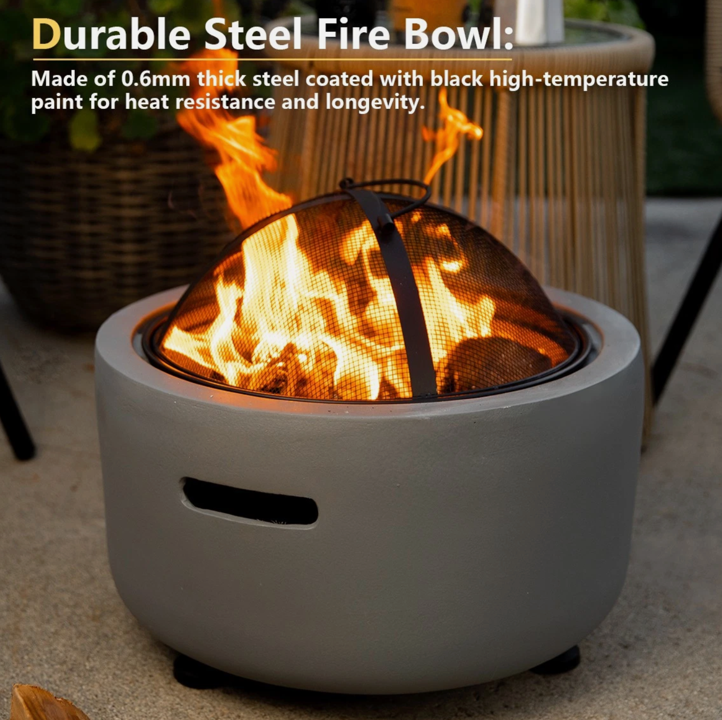 Barton MGO Concrete 18" Round Charcoal Wood Burning Firepit, Grate, BBQ Grill