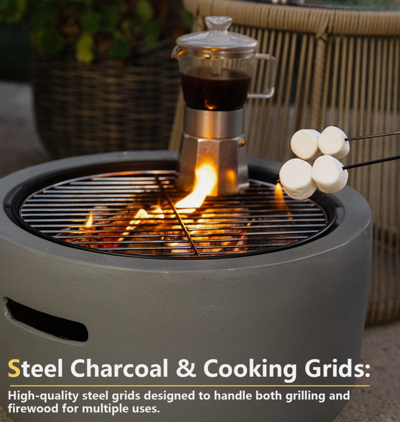 Barton MGO Concrete 18" Round Charcoal Wood Burning Firepit, Grate, BBQ Grill