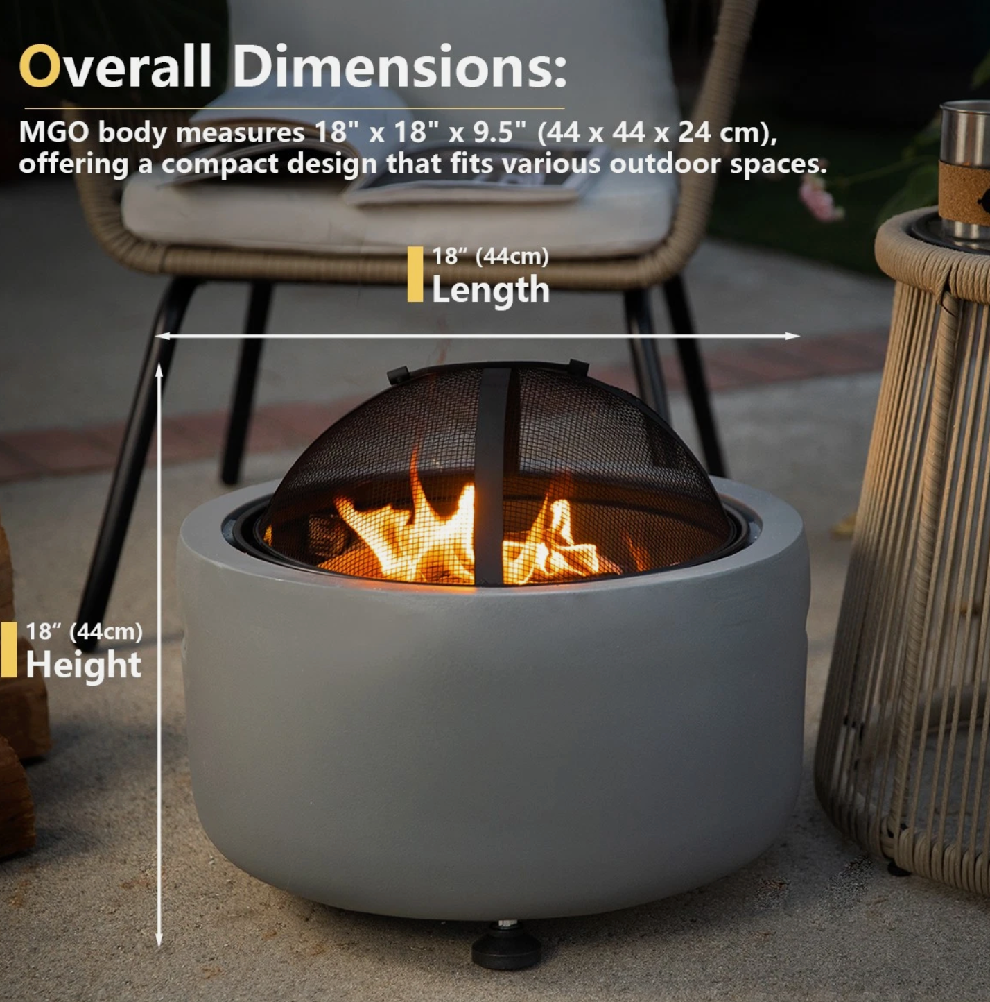 Barton MGO Concrete 18" Round Charcoal Wood Burning Firepit, Grate, BBQ Grill