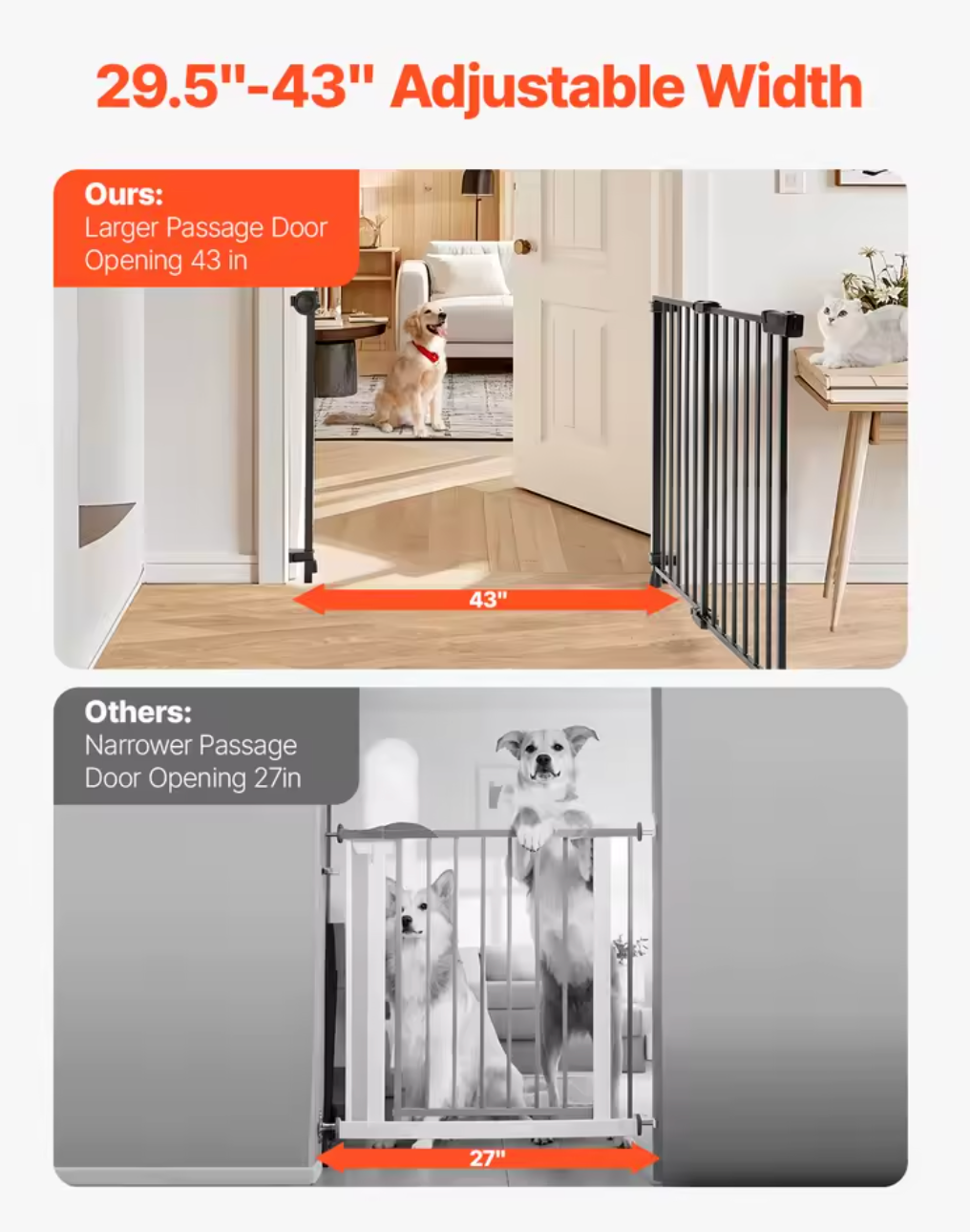 SucceBuy Baby Gate 29.5-43 Inches Adjustable Width 28 Inches High Dog Gate No Threshold Bar Easy Step Walk Child Pet Security