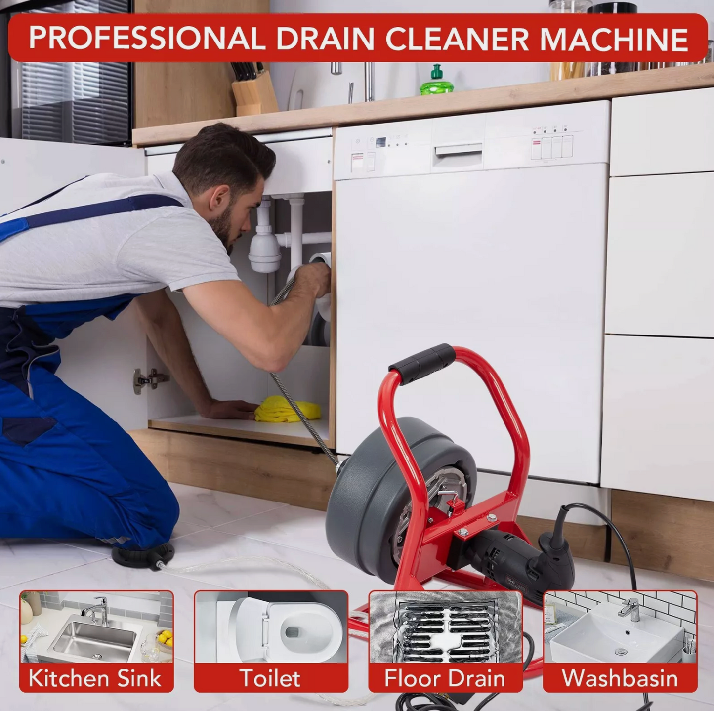 5/16" 50FT Electric Drain Auger Cleaner,Sewer snake Cleaning Machine with Cutter