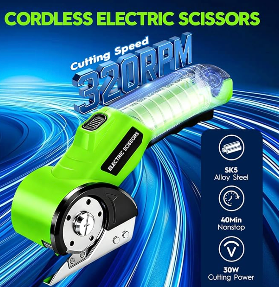Cordless Electric Scissors, Rechargeable Rotary Cardboard Cutter, Automatic Box Cutter with LED Light, Safety Lock, Extra Blades, Electric Scissors for Fabric Leather Carpet Plastic Cloth Paper