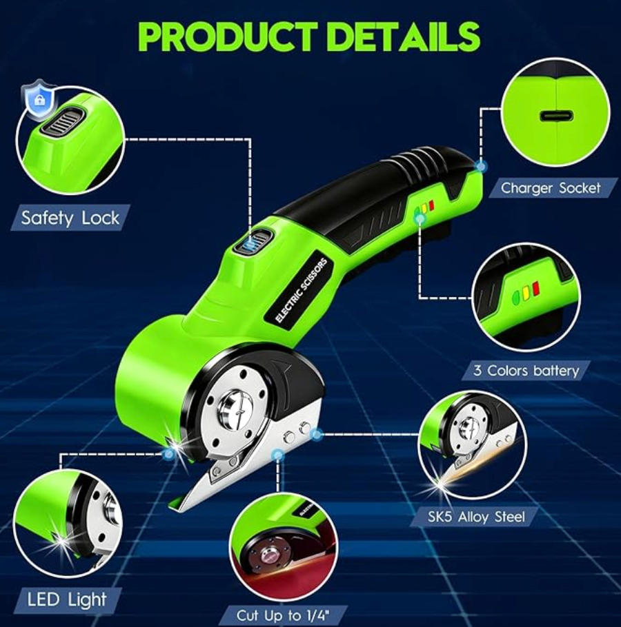 Cordless Electric Scissors, Rechargeable Rotary Cardboard Cutter, Automatic Box Cutter with LED Light, Safety Lock, Extra Blades, Electric Scissors for Fabric Leather Carpet Plastic Cloth Paper