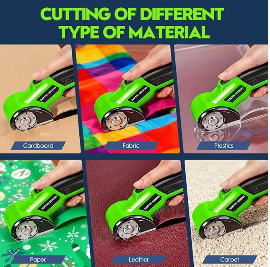 Cordless Electric Scissors, Rechargeable Rotary Cardboard Cutter, Automatic Box Cutter with LED Light, Safety Lock, Extra Blades, Electric Scissors for Fabric Leather Carpet Plastic Cloth Paper