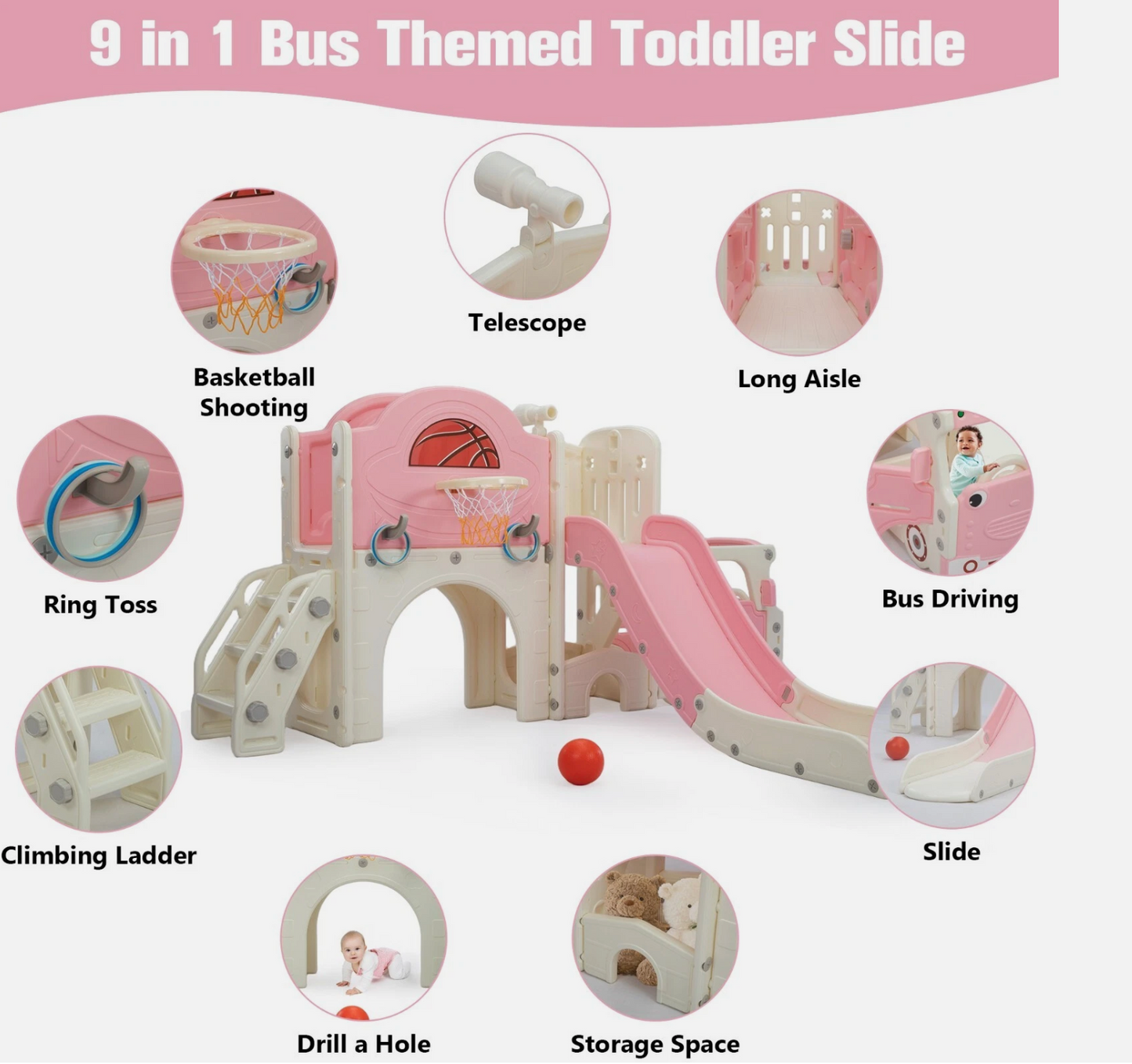 9in1 Toddler Slide, Kids Slide with Climber Playset, Indoor Outdoor Bus Playhous