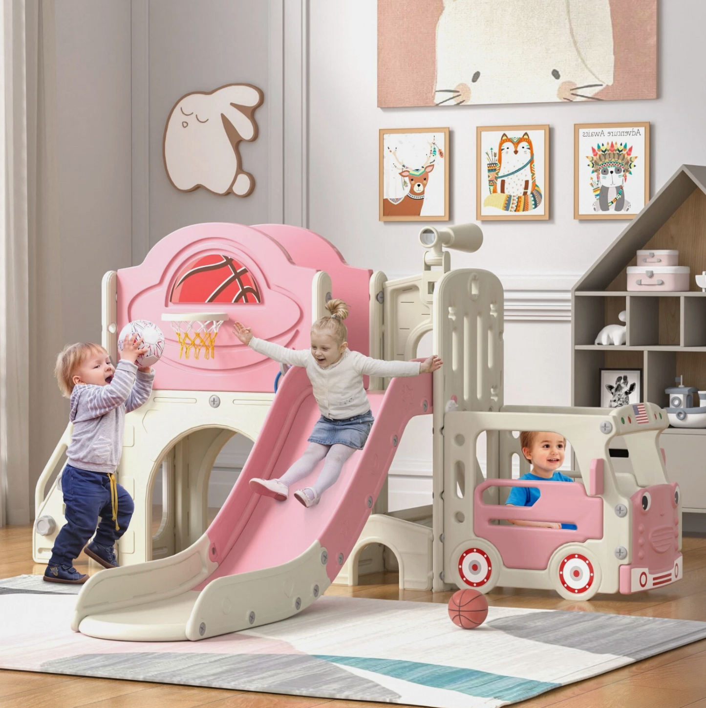 9in1 Toddler Slide, Kids Slide with Climber Playset, Indoor Outdoor Bus Playhous