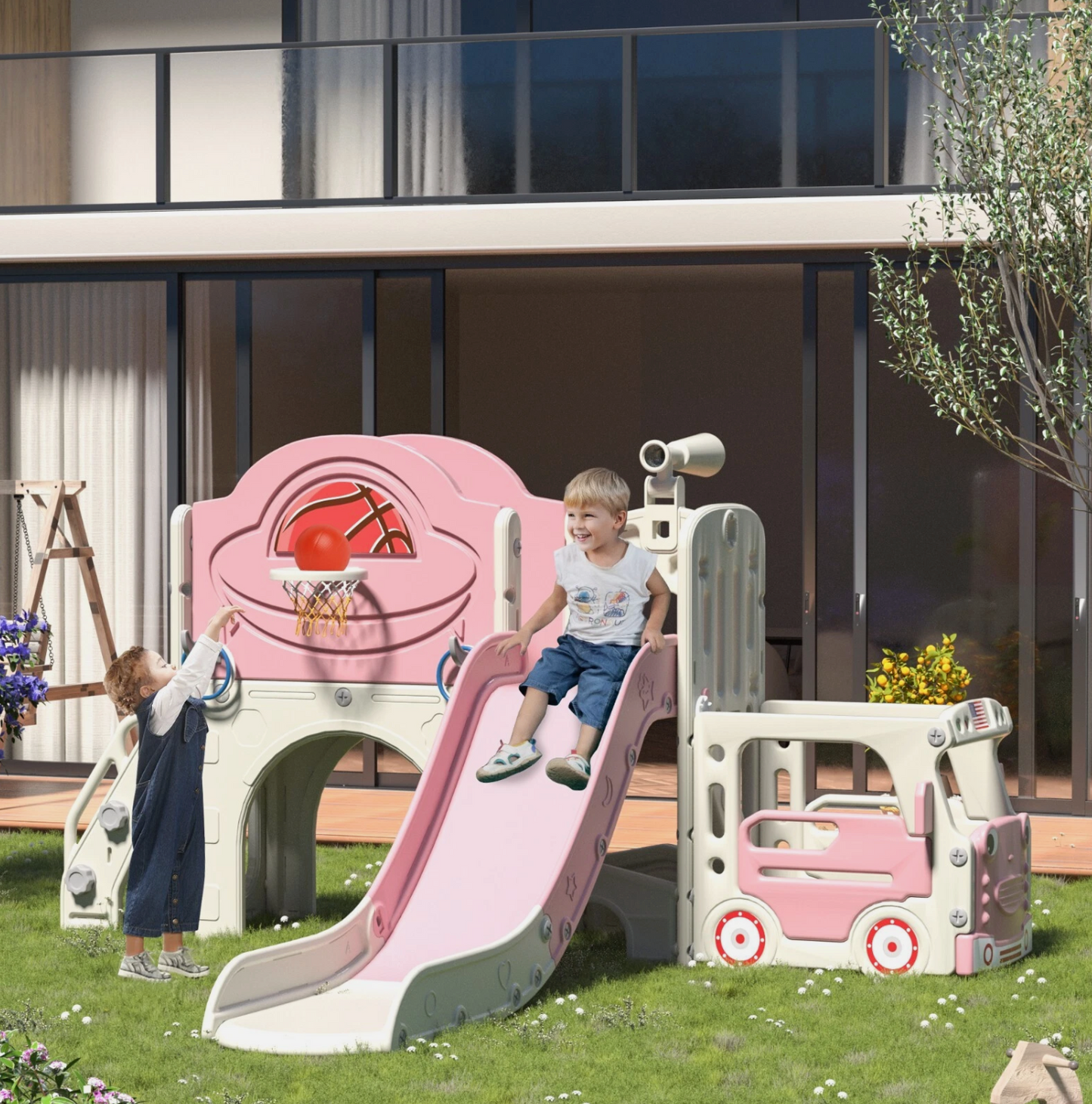 9in1 Toddler Slide, Kids Slide with Climber Playset, Indoor Outdoor Bus Playhous