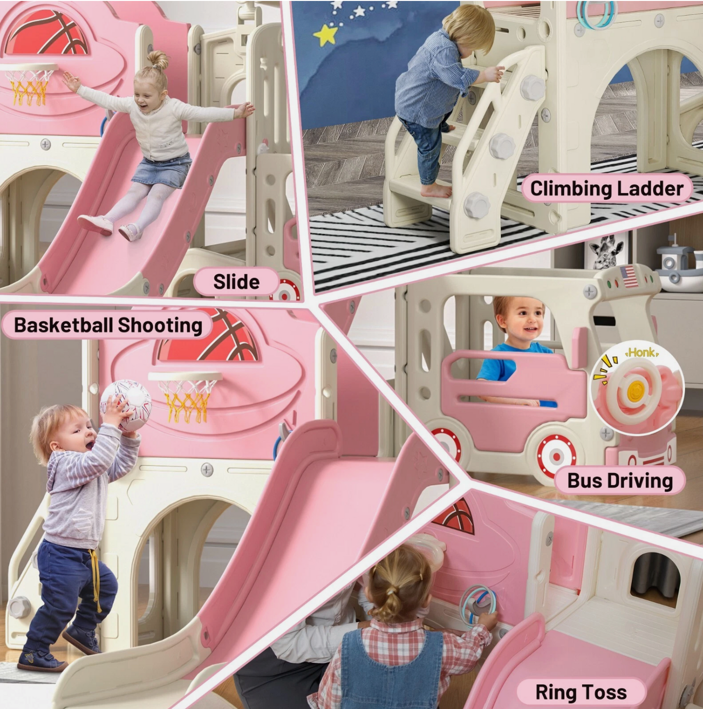 9in1 Toddler Slide, Kids Slide with Climber Playset, Indoor Outdoor Bus Playhous