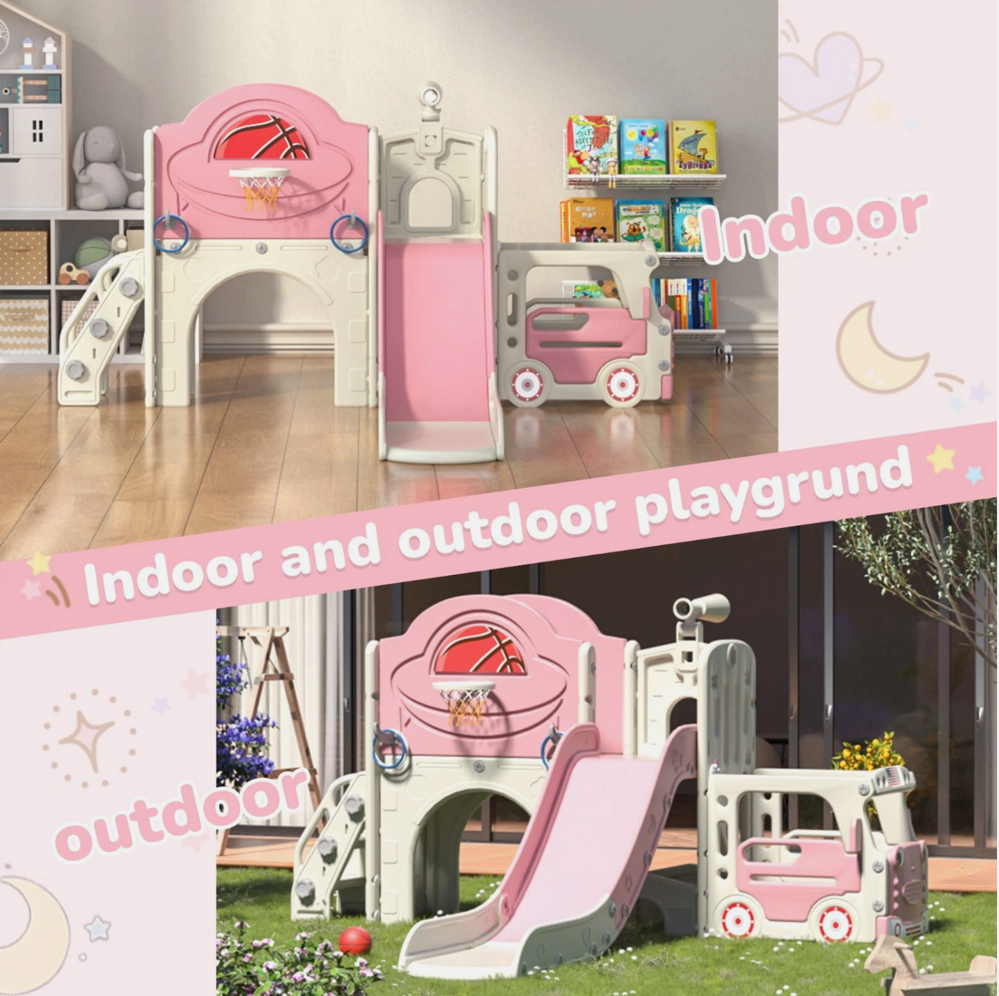 9in1 Toddler Slide, Kids Slide with Climber Playset, Indoor Outdoor Bus Playhous