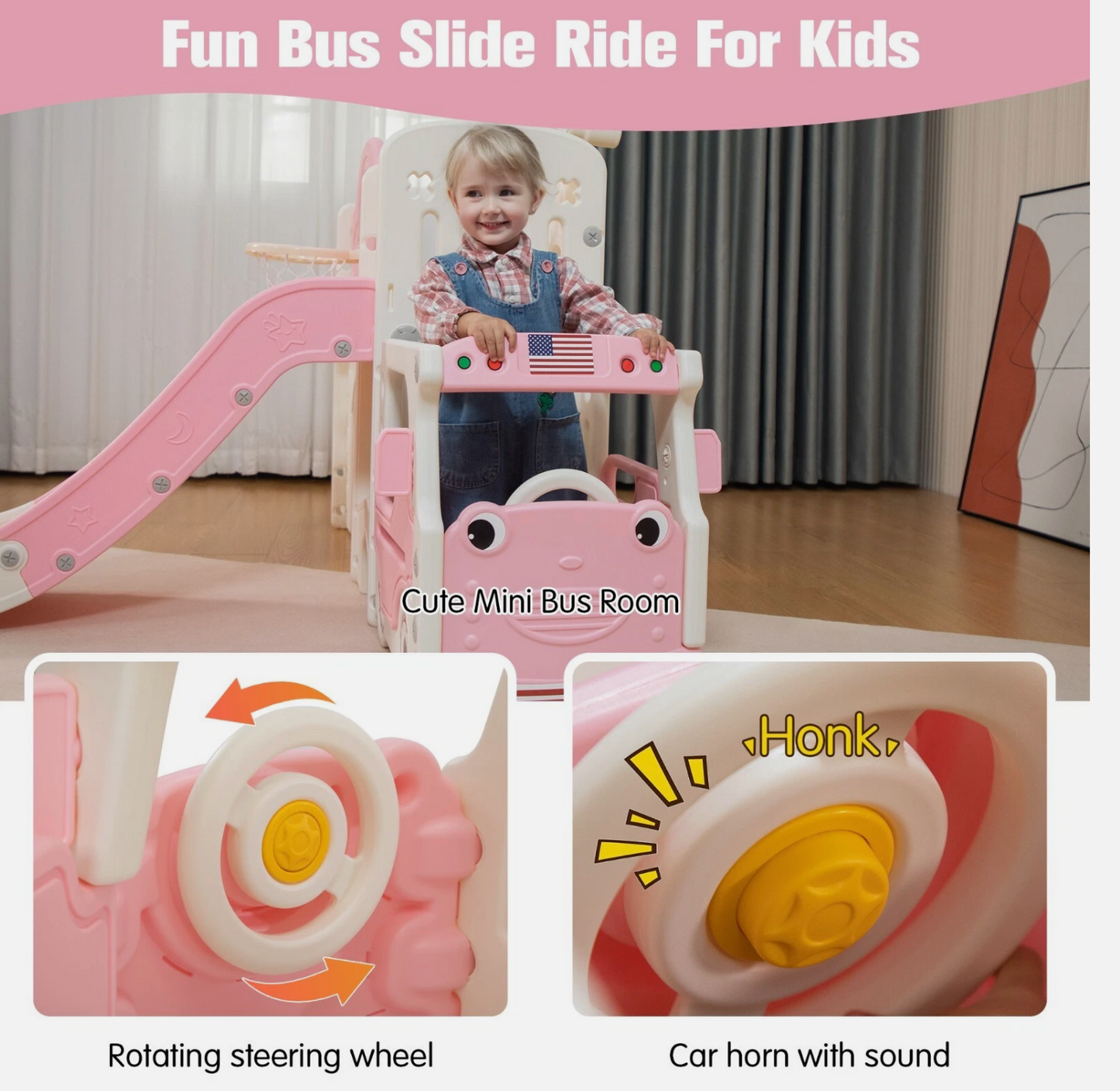 9in1 Toddler Slide, Kids Slide with Climber Playset, Indoor Outdoor Bus Playhous