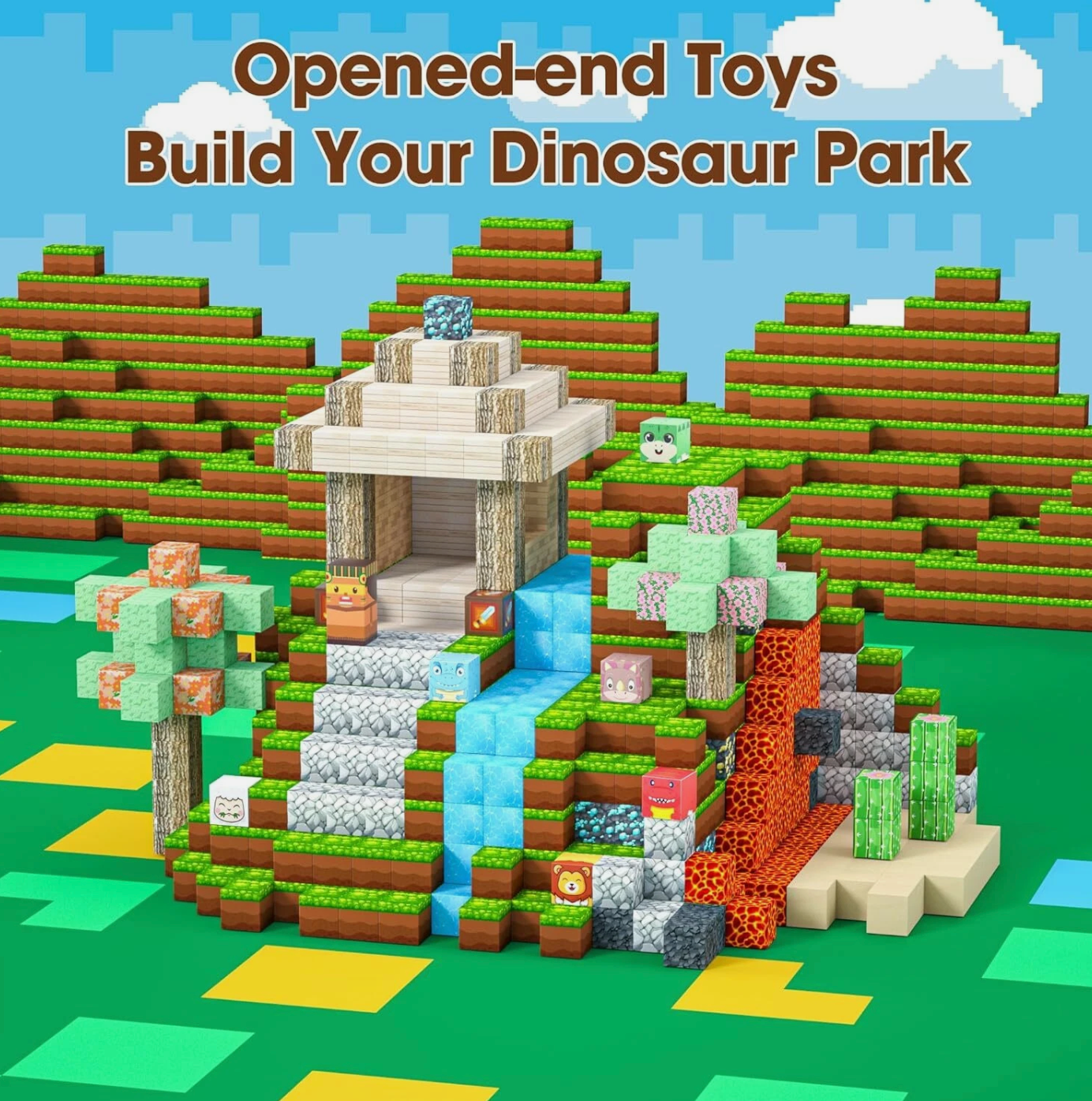104Pcs Dinosaur Toys Magnetic Tiles Lava Dinosaur World Magnetic Blocks Building