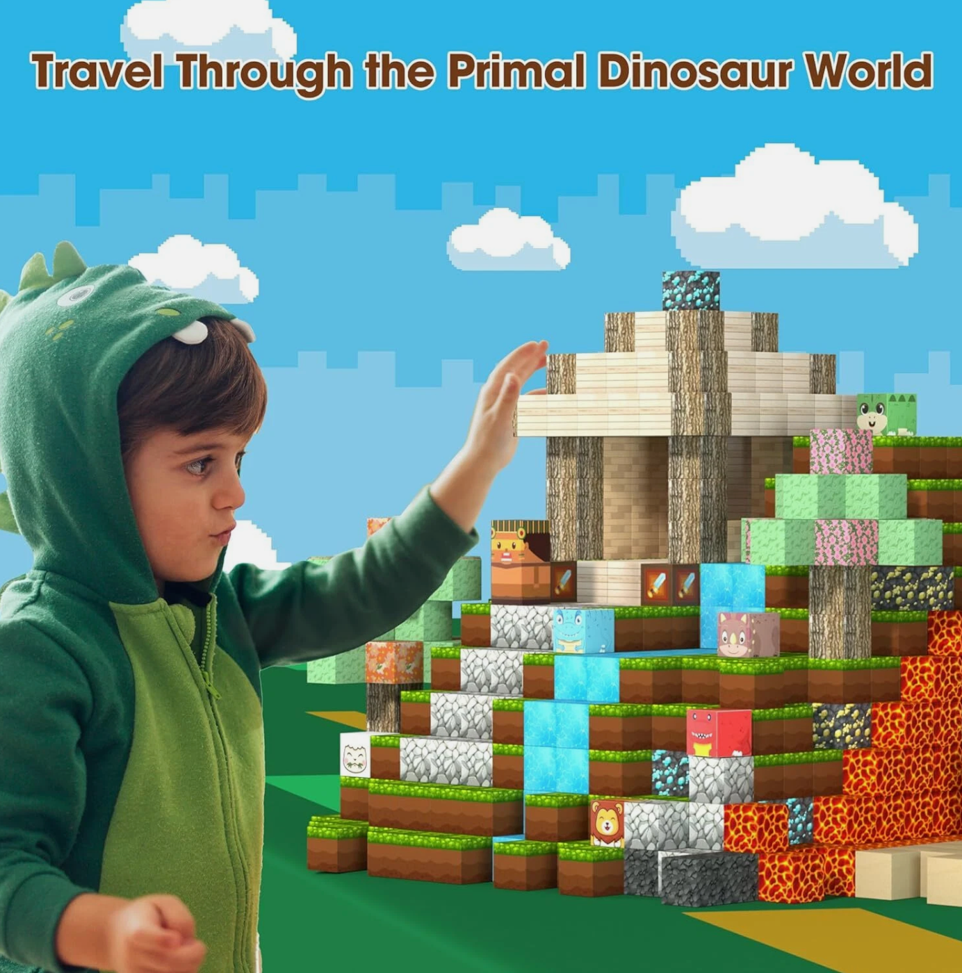 104Pcs Dinosaur Toys Magnetic Tiles Lava Dinosaur World Magnetic Blocks Building