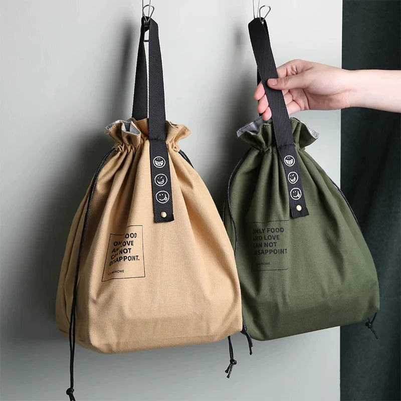 Drawstring Canvas Lunch Tote Bag – Insulated Fresh-Keeping Bento Box Carrier for School, Work, Picnics, and Daily Food Storage Style
