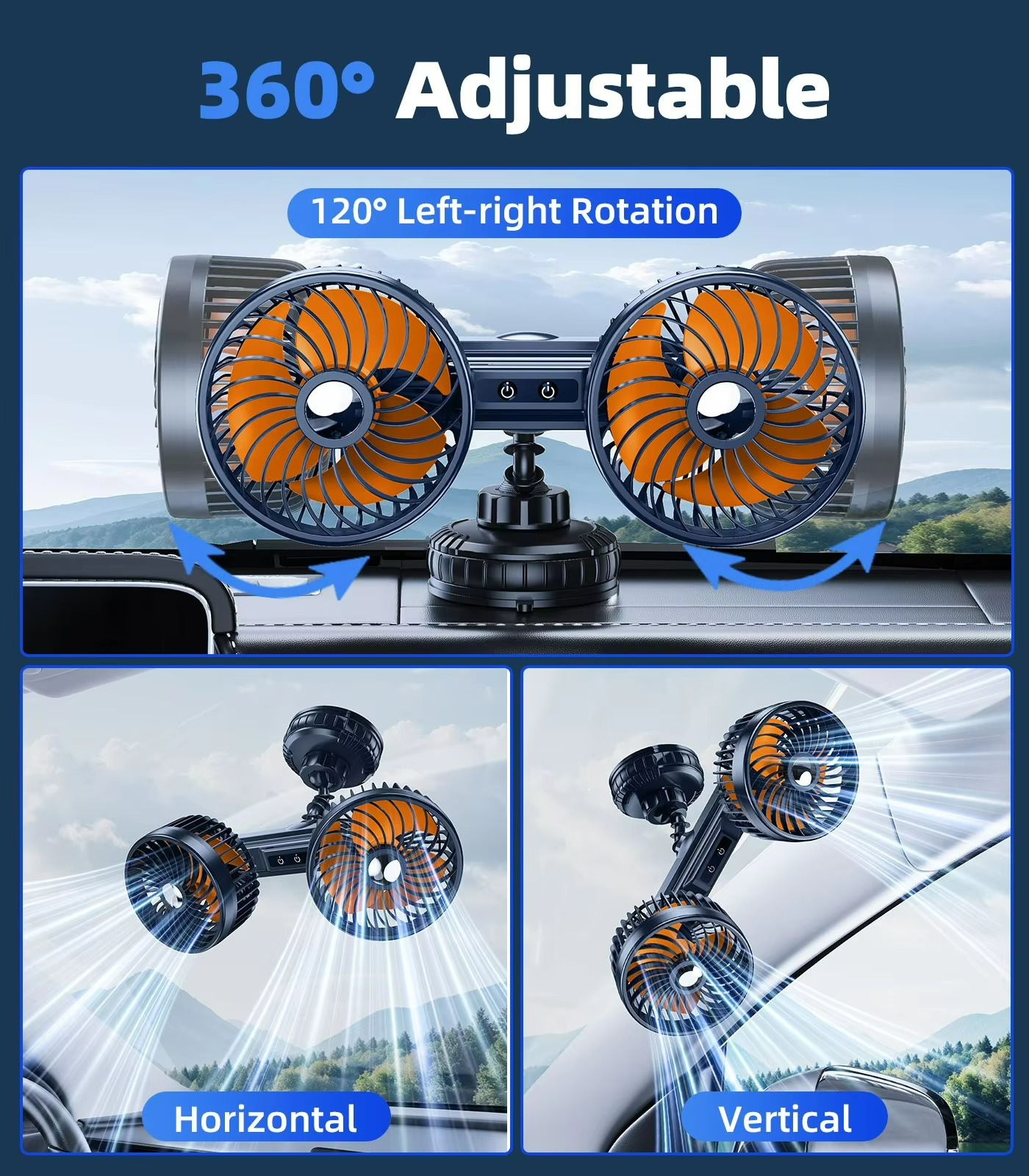 Car Cooling Fan with Dual Heads and Strong Suction Cup