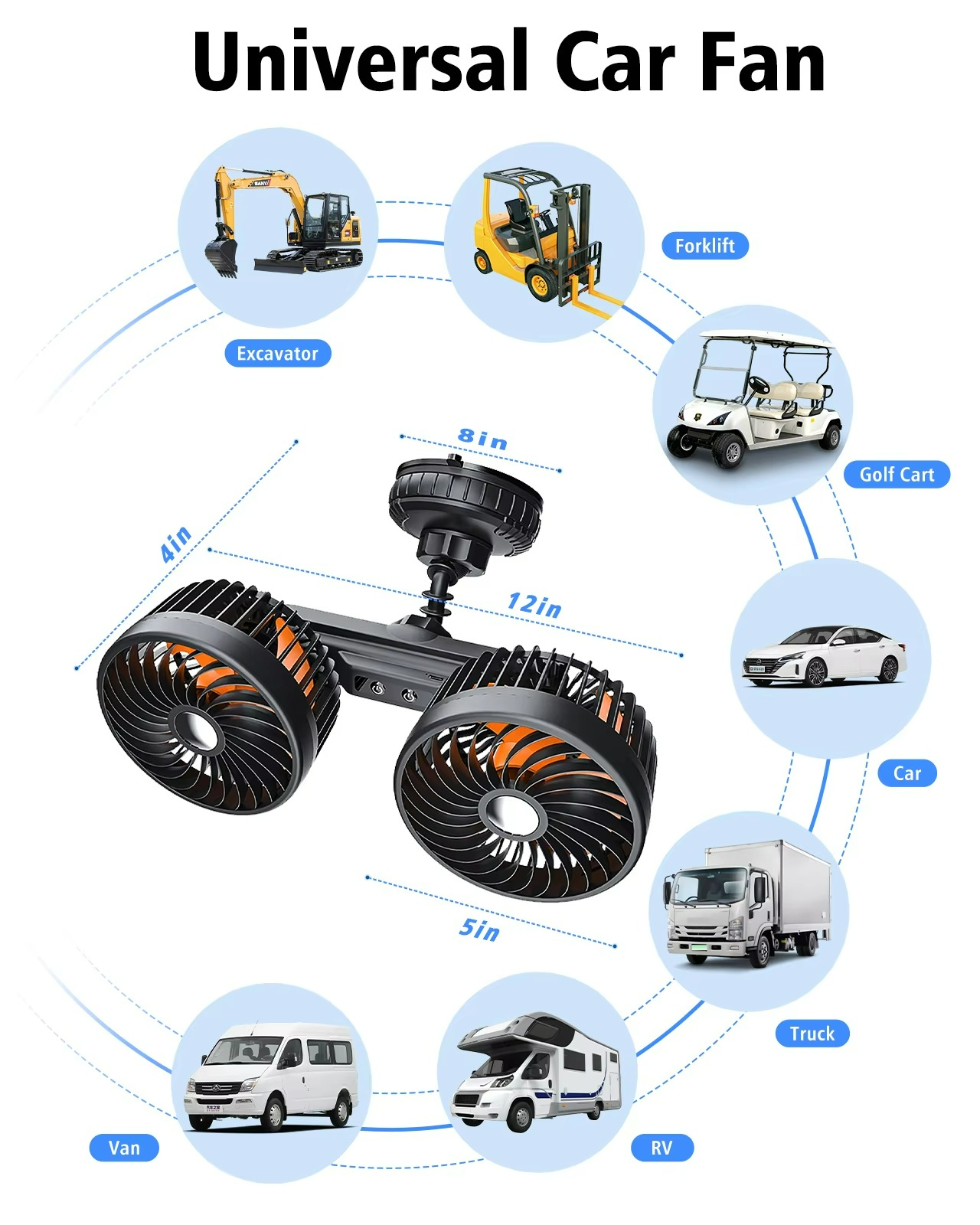 Car Cooling Fan with Dual Heads and Strong Suction Cup