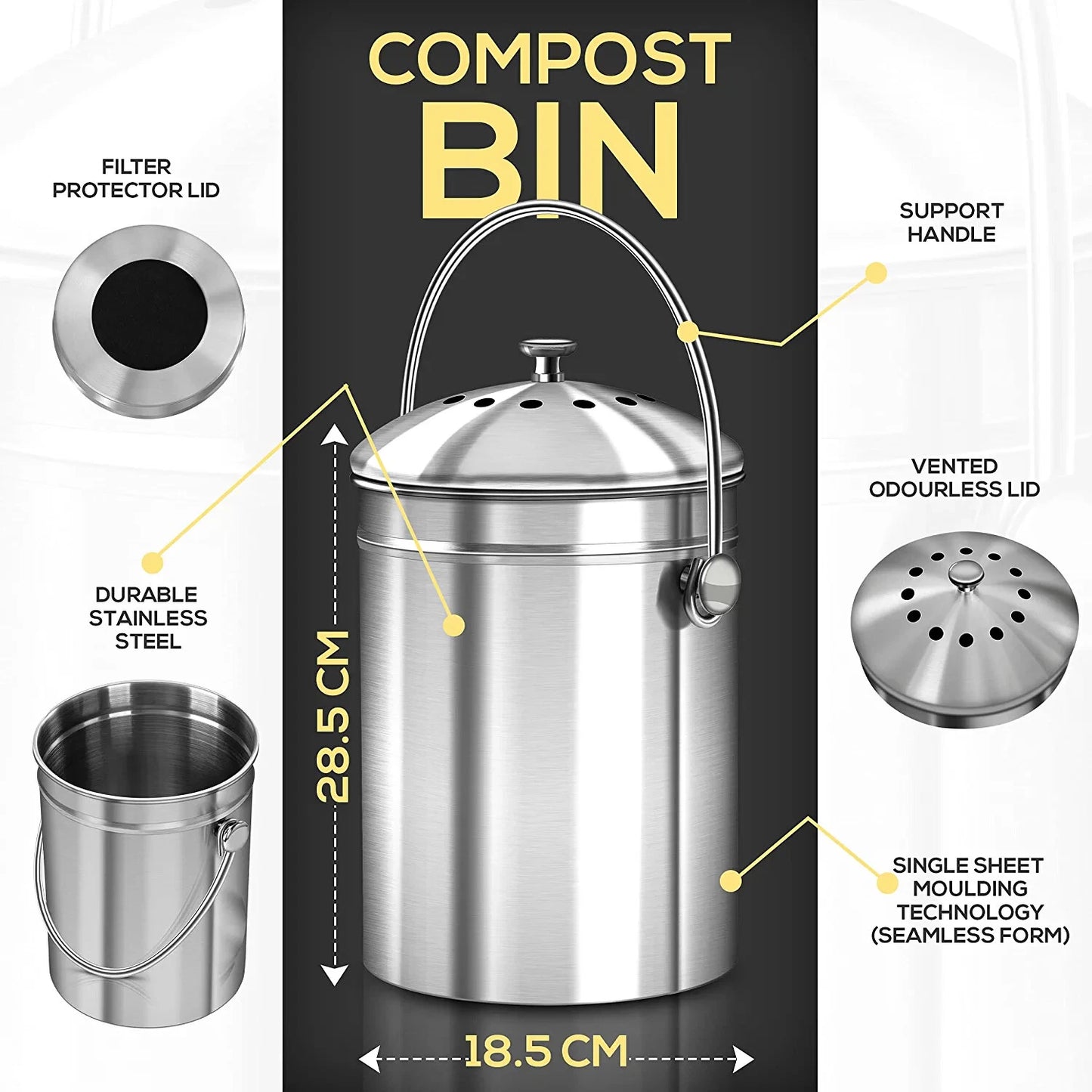 Compost Bin with Lid and 1.3 Gallon Compose Spare Charcoal Filter Utopia Kitchen