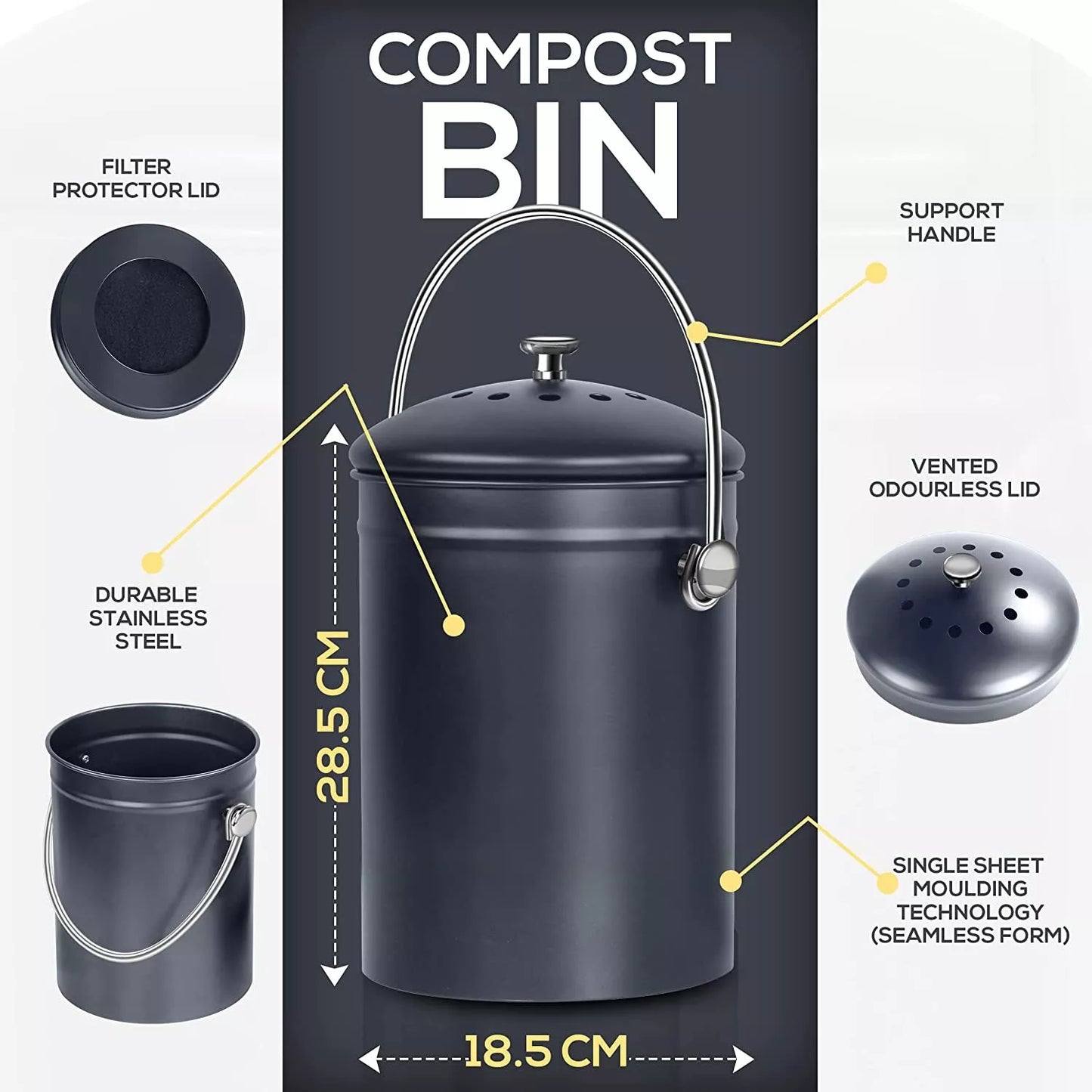 Compost Bin with Lid and 1.3 Gallon Compose Spare Charcoal Filter Utopia Kitchen