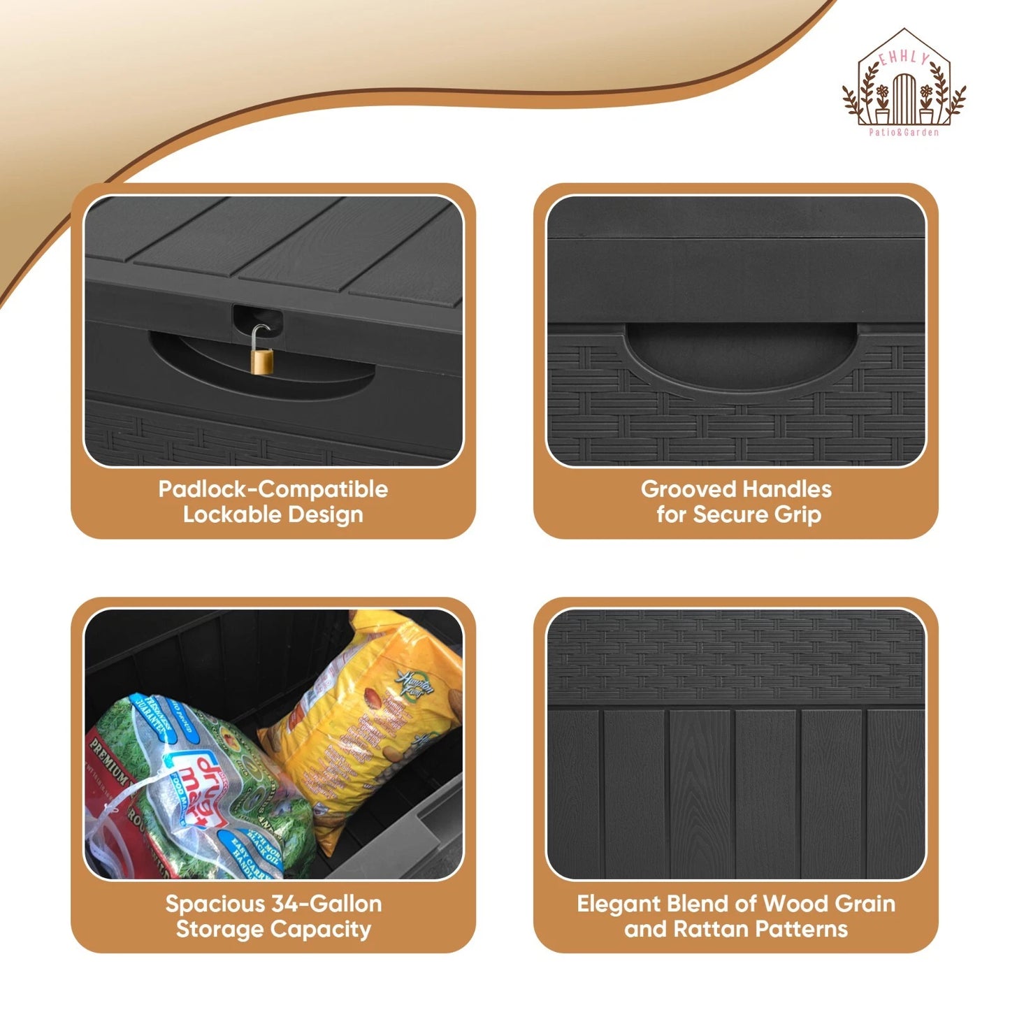 33 Gallon Deck Box, Outdoor Storage Box Waterproof, Black