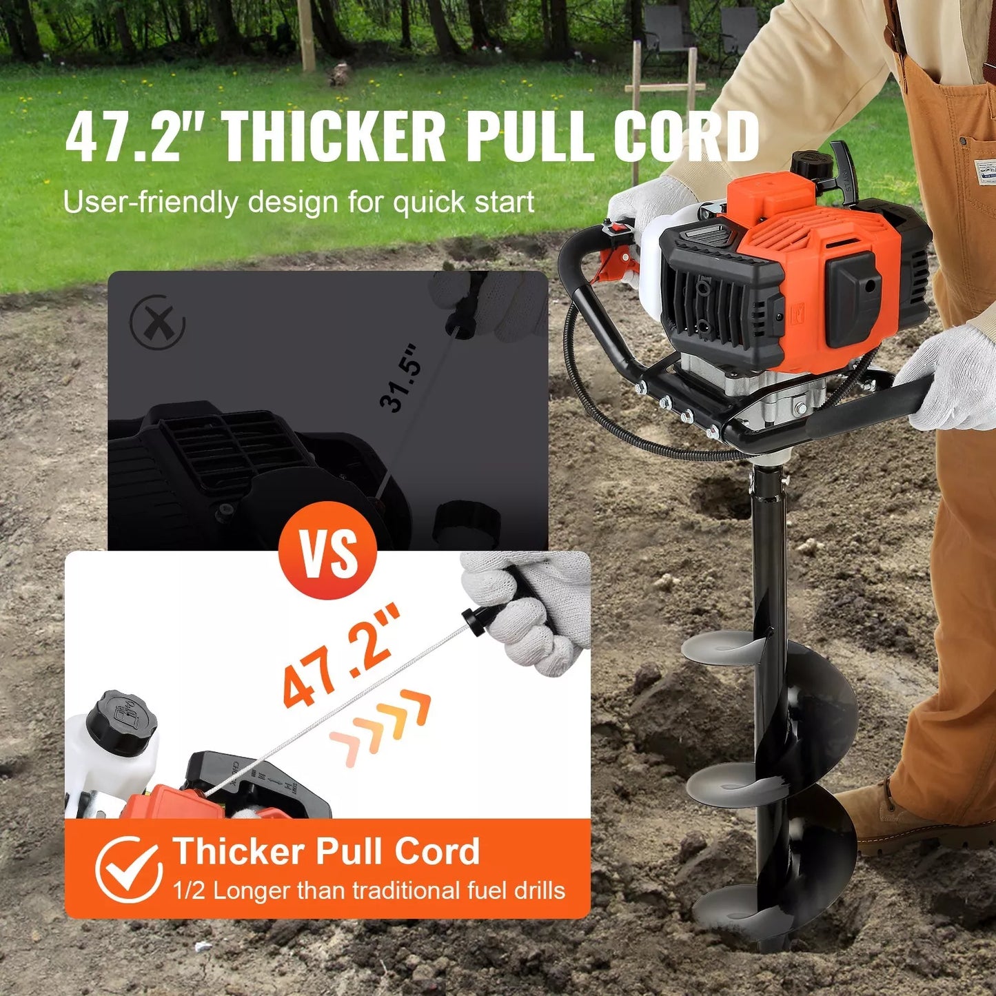 Post Hole Digger 43cc Gas Powered Earth Digger with 8" Auger Drill Bit