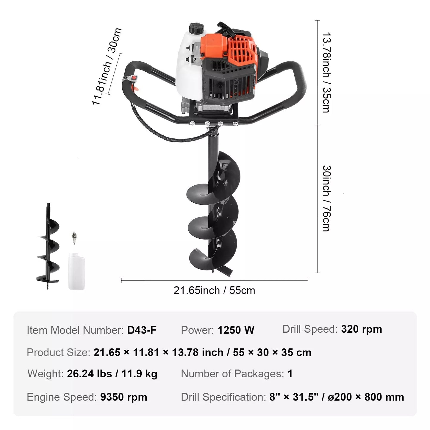 Post Hole Digger 43cc Gas Powered Earth Digger with 8" Auger Drill Bit