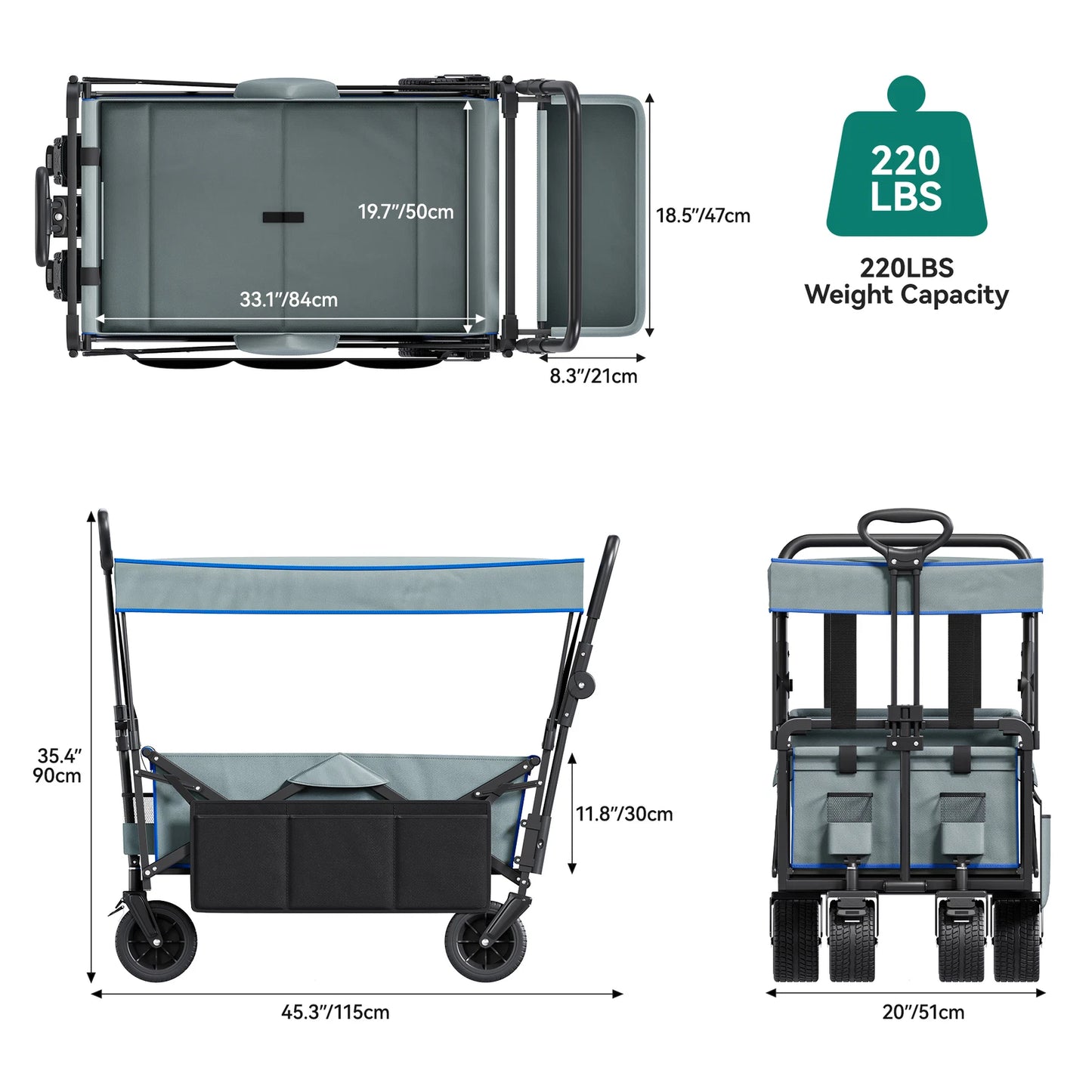 Heavy-Duty Outdoor Collapsible Wagon & Removable Canopy with Handles & Wheels