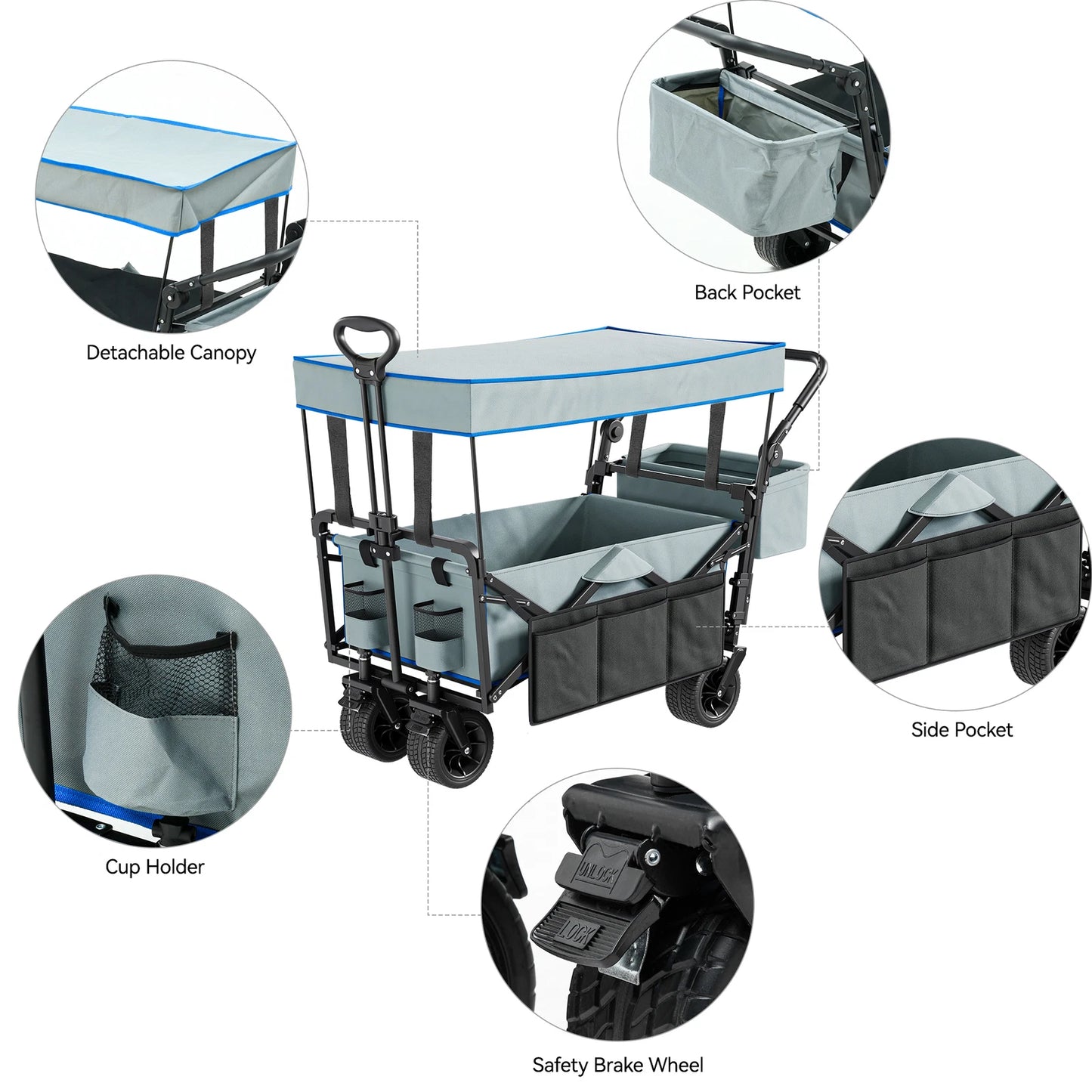 Heavy-Duty Outdoor Collapsible Wagon & Removable Canopy with Handles & Wheels