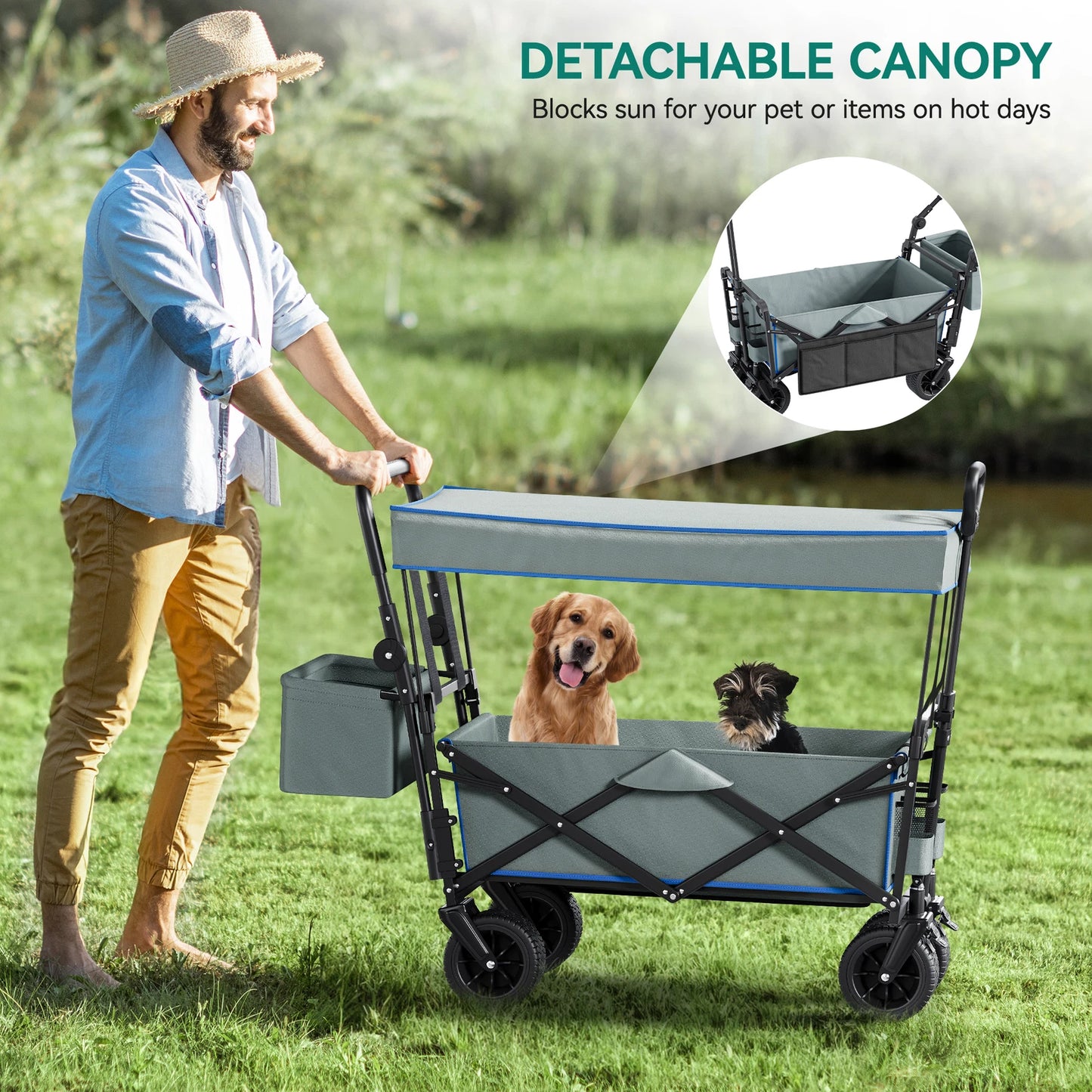 Heavy-Duty Outdoor Collapsible Wagon & Removable Canopy with Handles & Wheels