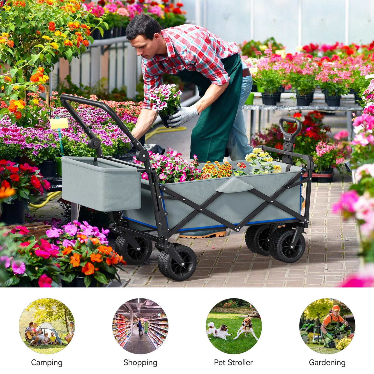 Heavy-Duty Outdoor Collapsible Wagon & Removable Canopy with Handles & Wheels