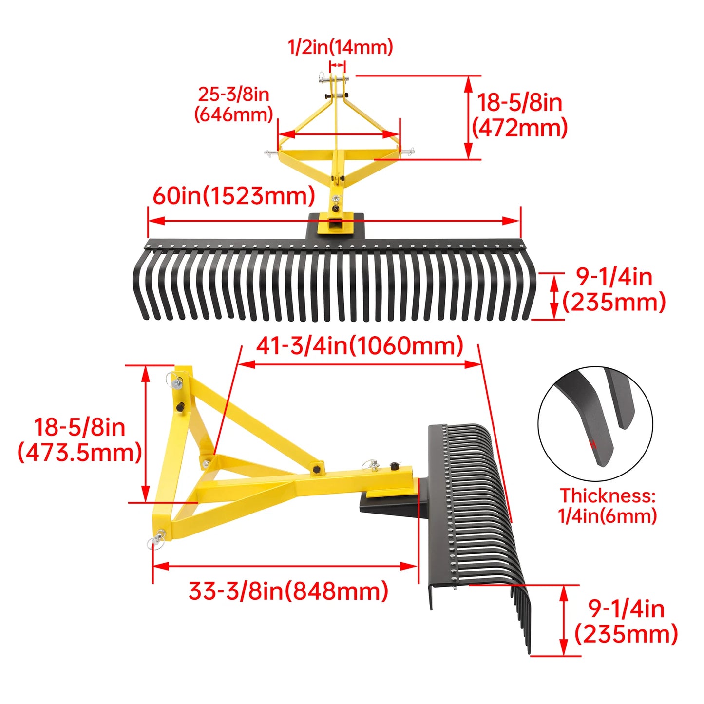 3 Pt 60'' Landscape Rock Rake Soil Gravel Lawn for Cat 1 Campact Tractor Heavy