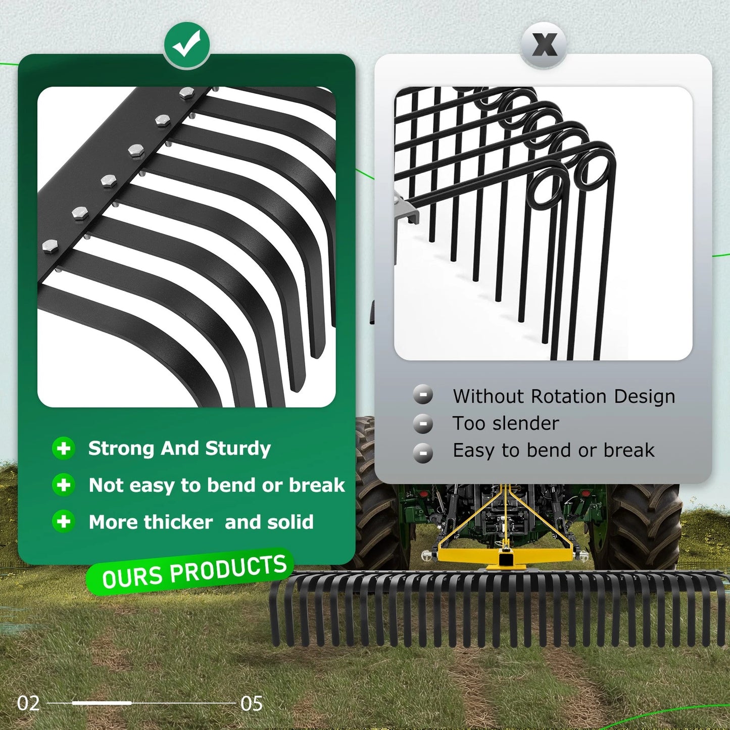 3 Pt 60'' Landscape Rock Rake Soil Gravel Lawn for Cat 1 Campact Tractor Heavy