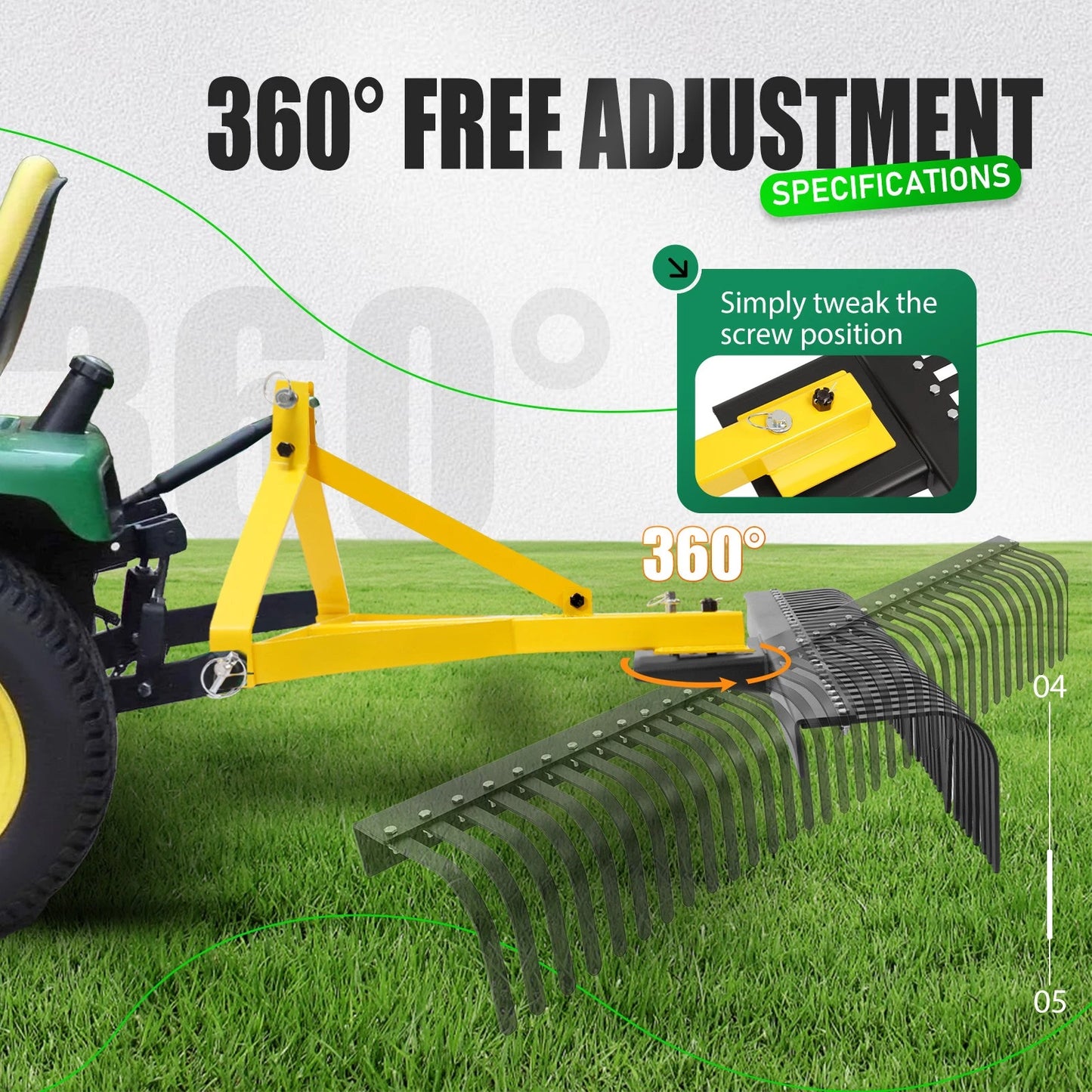 3 Pt 60'' Landscape Rock Rake Soil Gravel Lawn for Cat 1 Campact Tractor Heavy