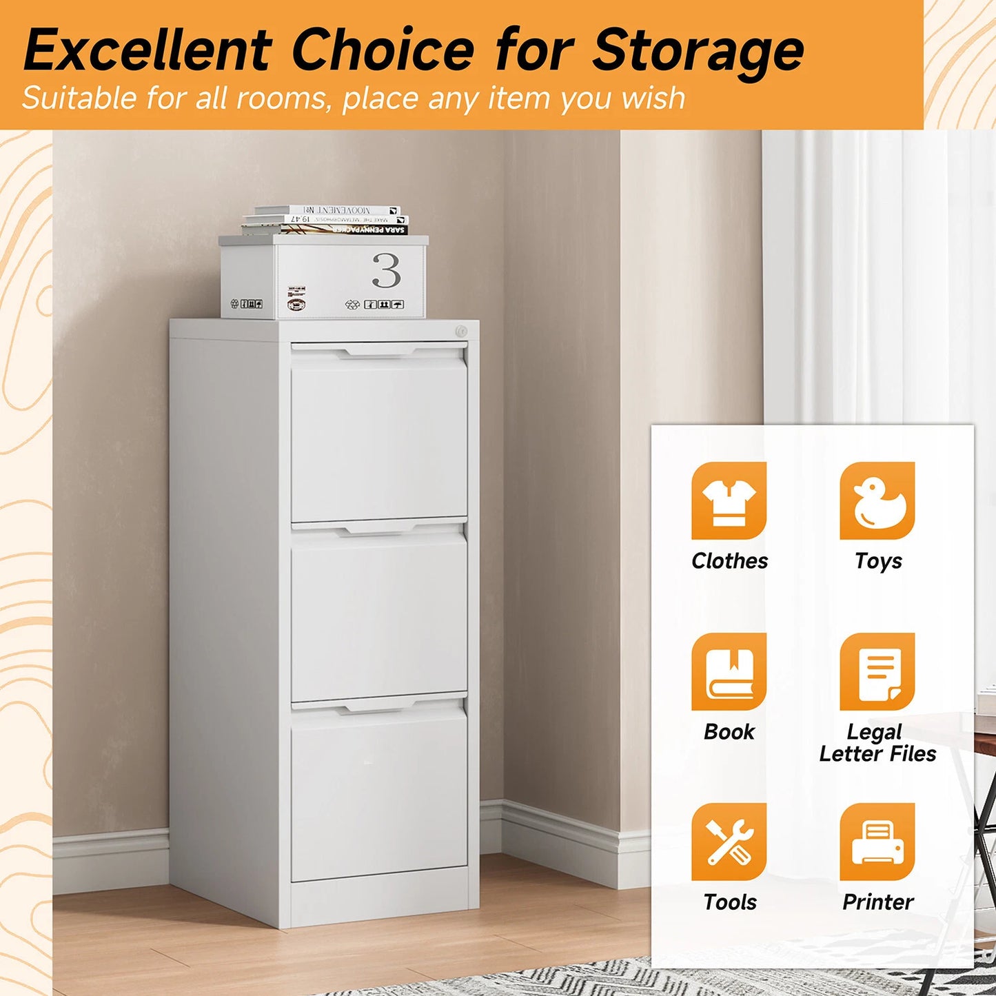 Metal 3 Drawer File Cabinet Vertical Lockable Storage Filing Organizer Office