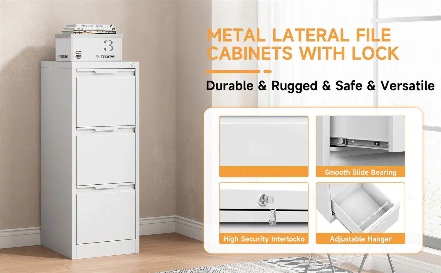 Metal 3 Drawer File Cabinet Vertical Lockable Storage Filing Organizer Office