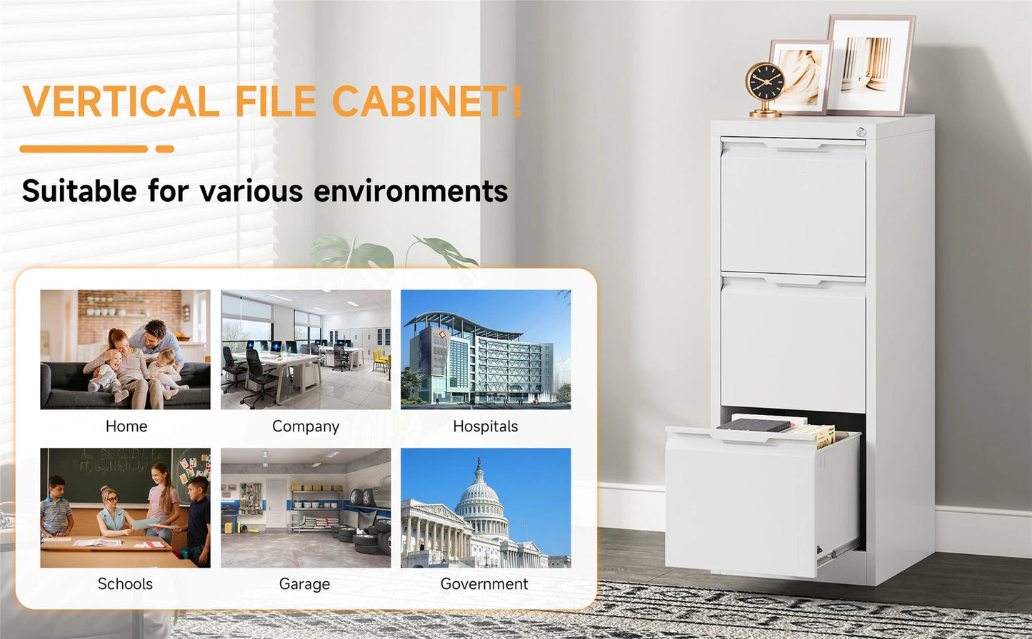 Metal 3 Drawer File Cabinet Vertical Lockable Storage Filing Organizer Office