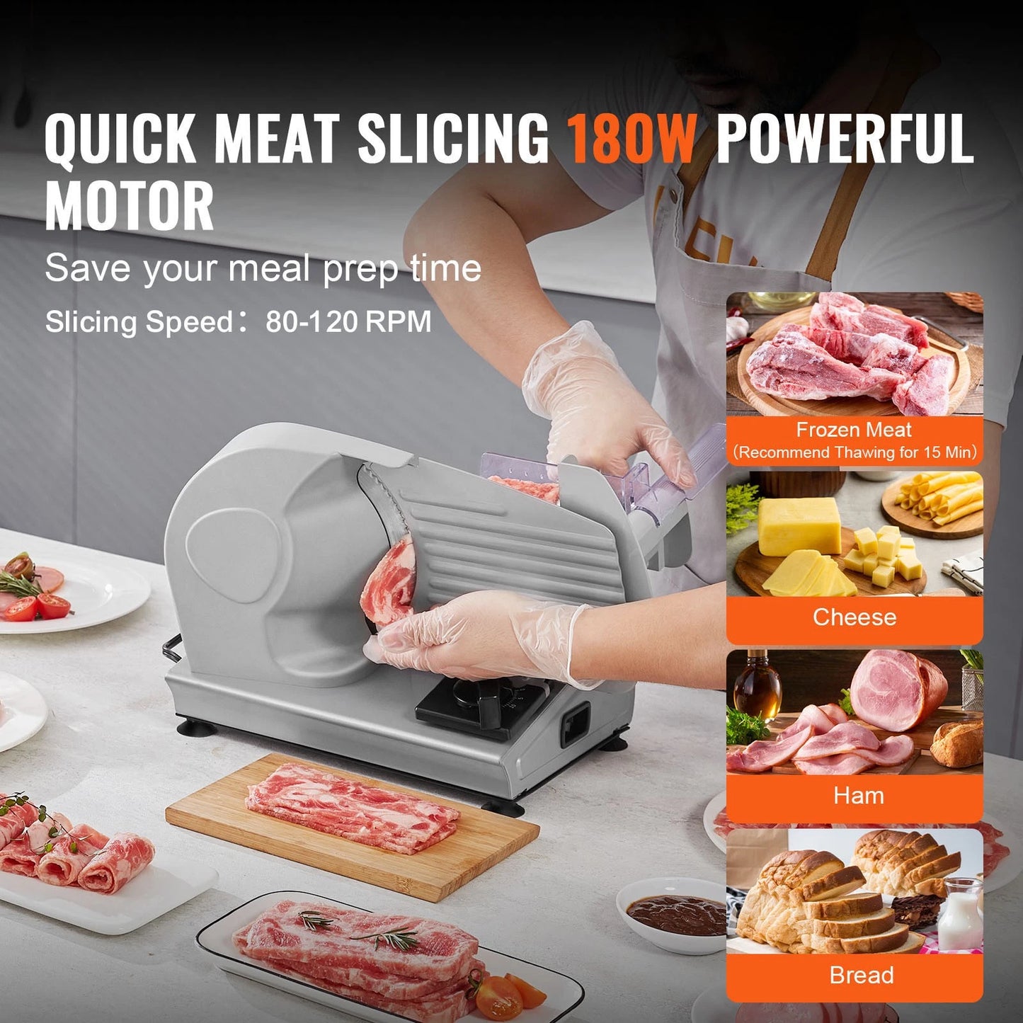 Meat Slicer 180W Electric Deli Food Slicer with 7.5 inch SUS420 Blade