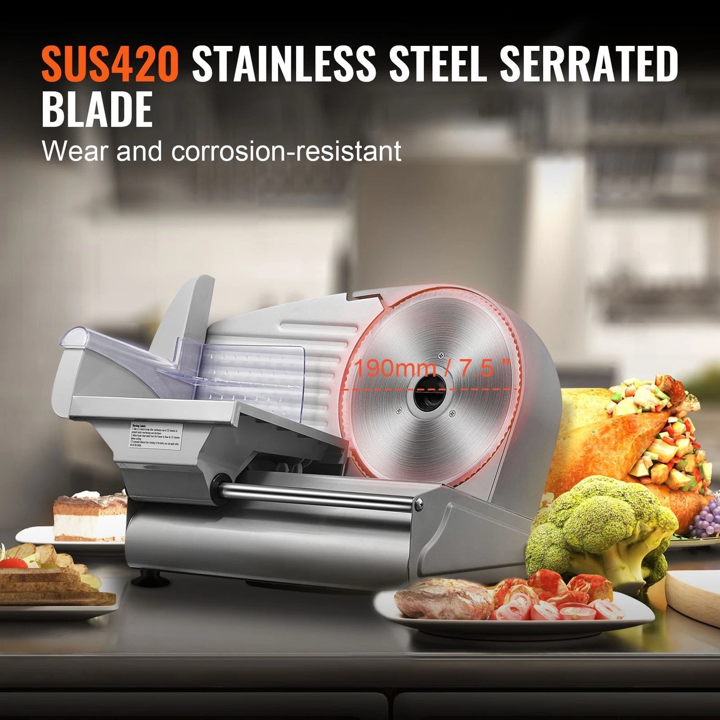 Meat Slicer 180W Electric Deli Food Slicer with 7.5 inch SUS420 Blade