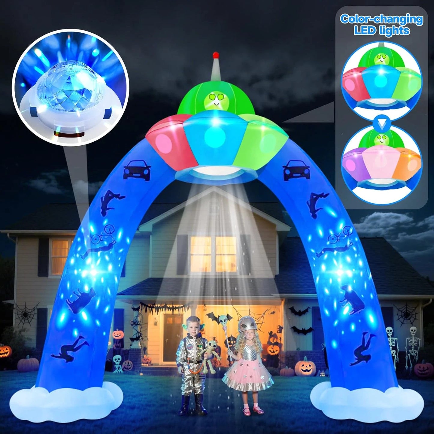 12.5FT Halloween UFO Archway Inflatable with Blue Flashing Lights, Giant Alien Blow Up Outdoor Yard Decoration