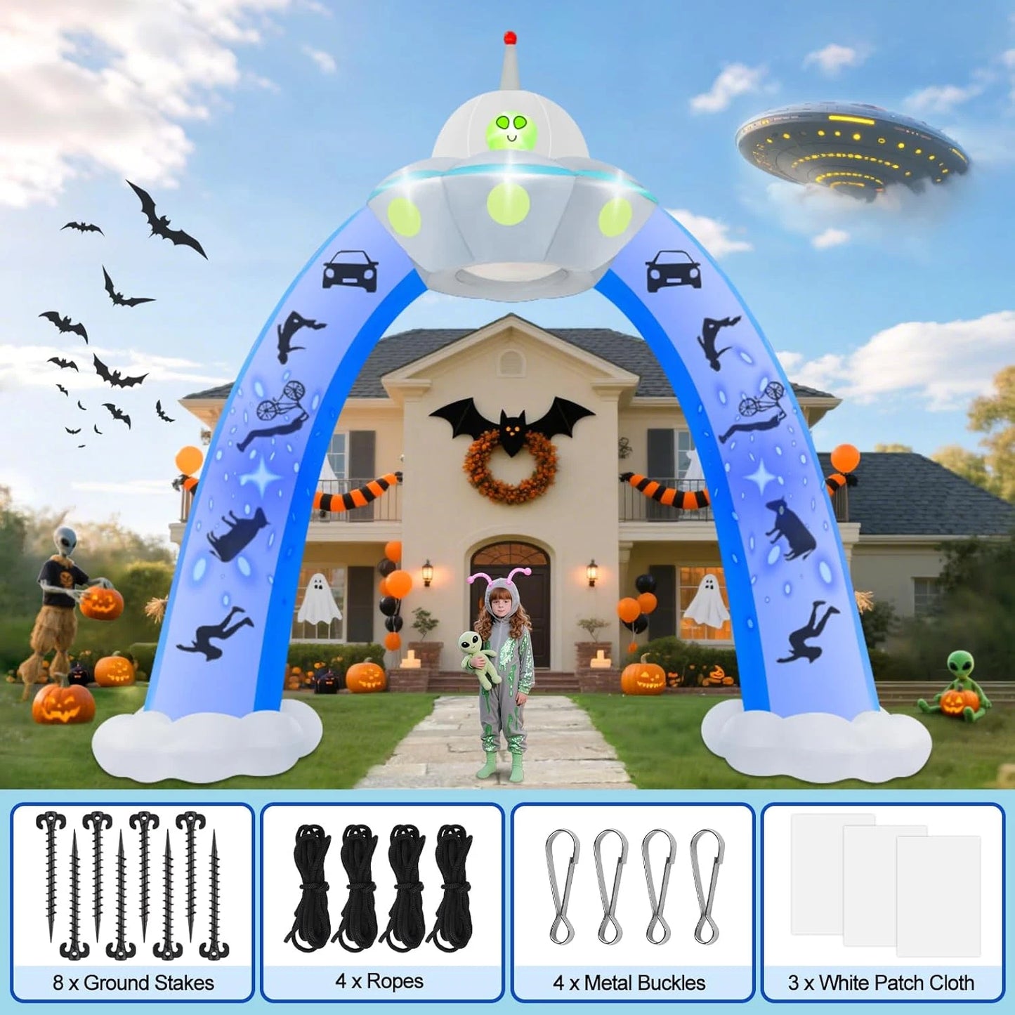 12.5FT Halloween UFO Archway Inflatable with Blue Flashing Lights, Giant Alien Blow Up Outdoor Yard Decoration