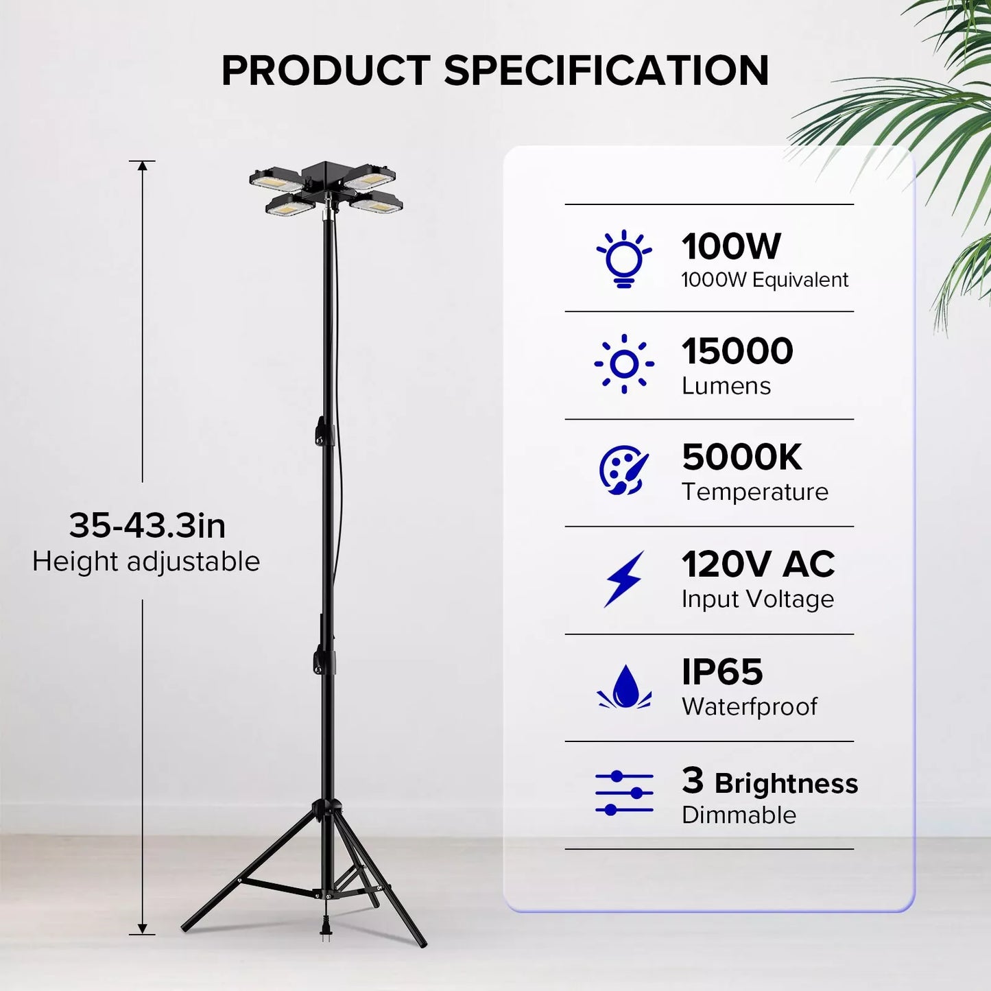 15000 Lumen LED Work Light with Stand Dimmable 5000K Portable Worklight IP65