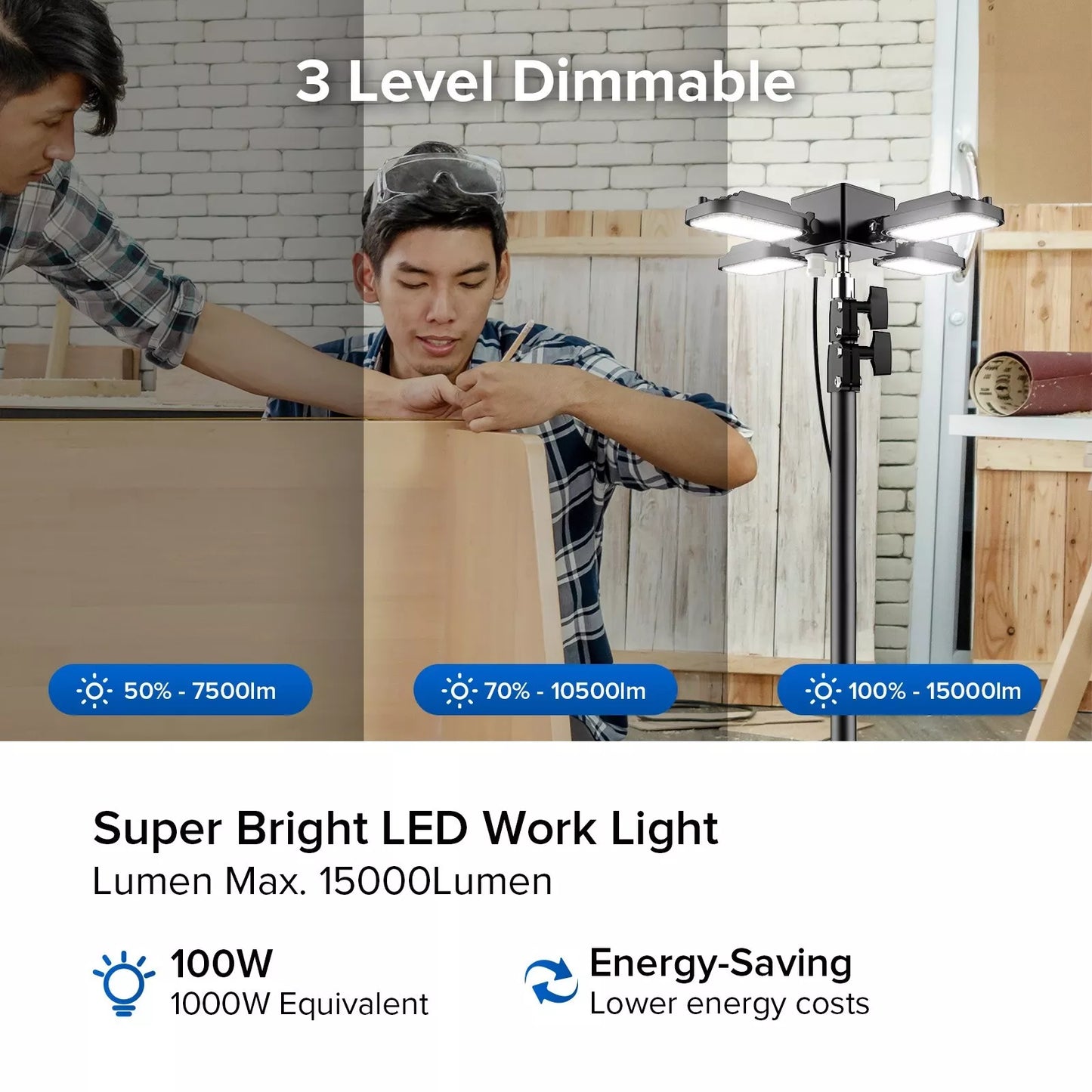 15000 Lumen LED Work Light with Stand Dimmable 5000K Portable Worklight IP65