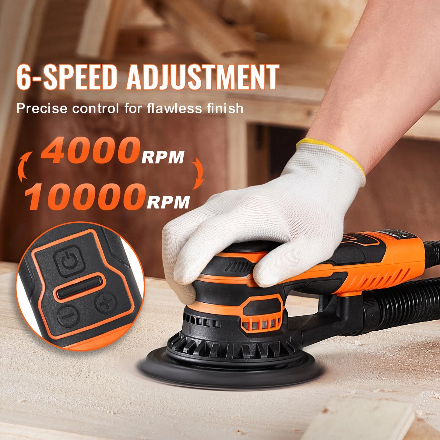 Random Orbital Sander 6'' Palm Sander 10000 PRM 10 PCS Sandpapers 6 Speeds