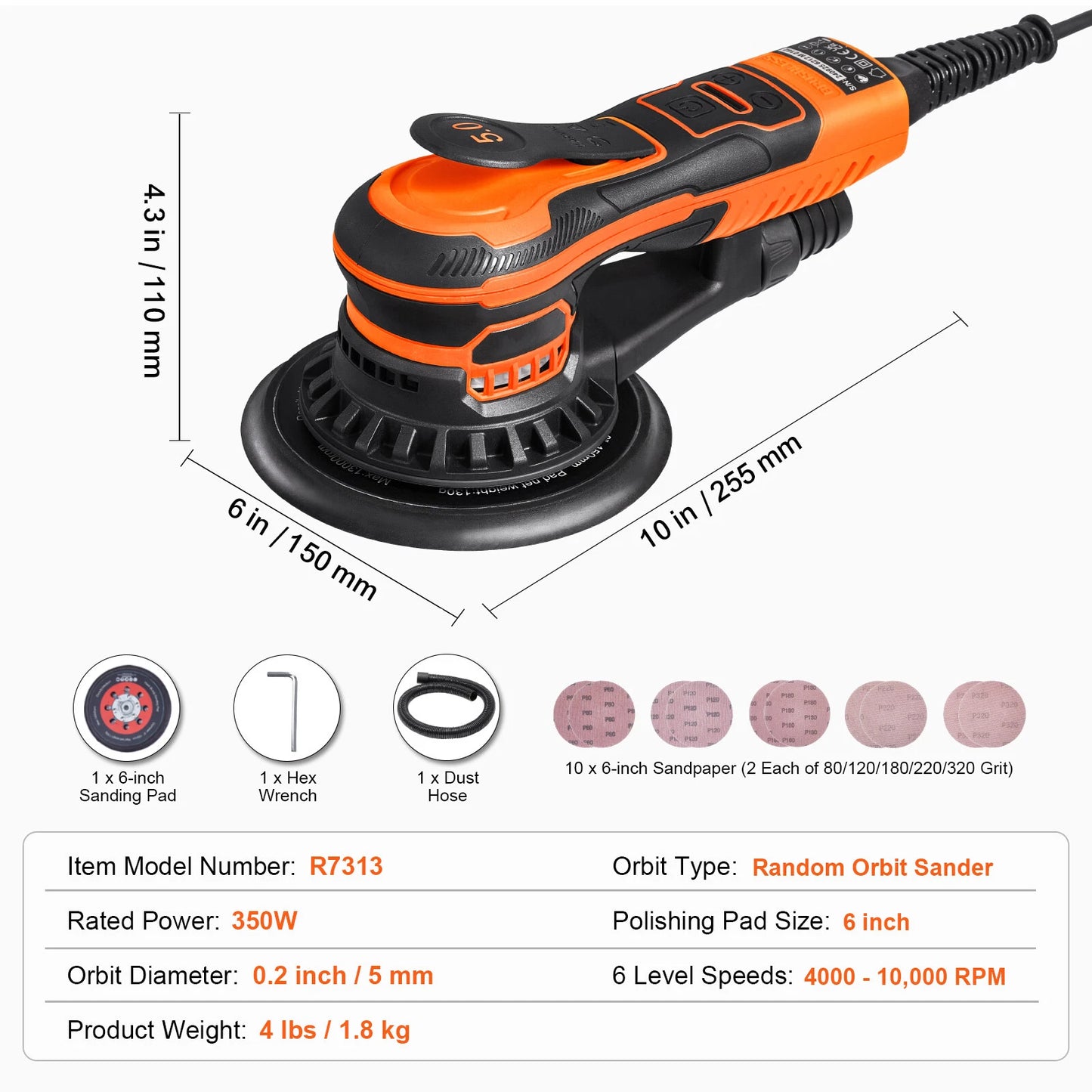 Random Orbital Sander 6'' Palm Sander 10000 PRM 10 PCS Sandpapers 6 Speeds