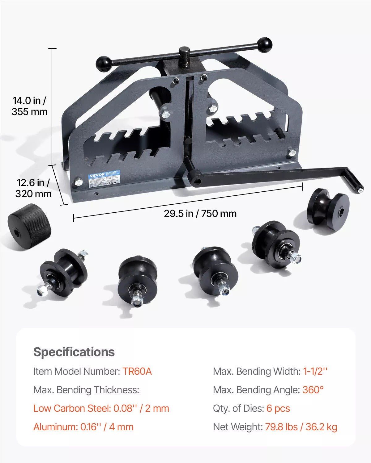 Tube Roller Bender Max 1-1/2" Manual Tube Pipe Roller Bender with 6 Dies