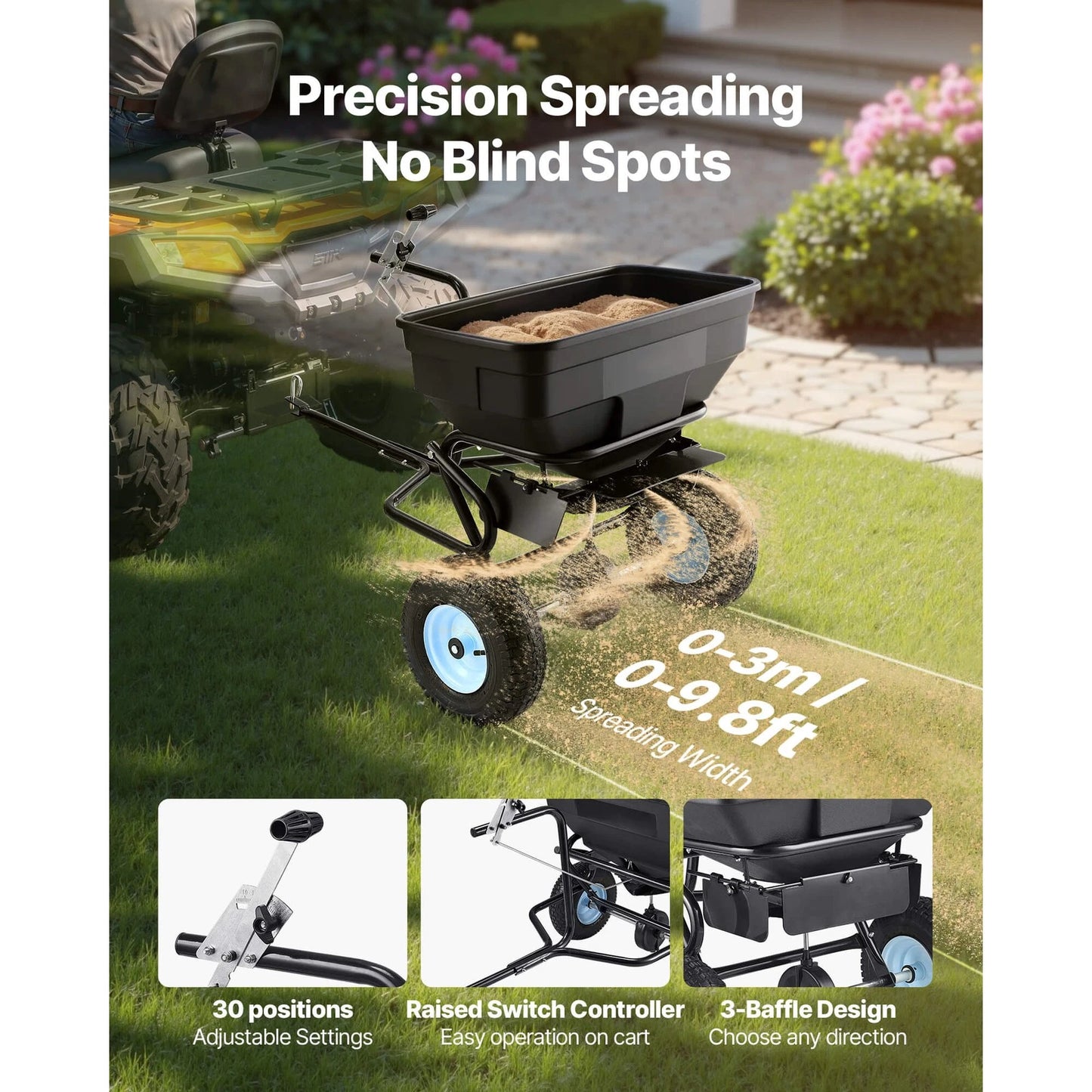 Tow-Behind Broadcast Spreader 130LB 15 Setting 0-9.8 ft Spreading Width for Seed