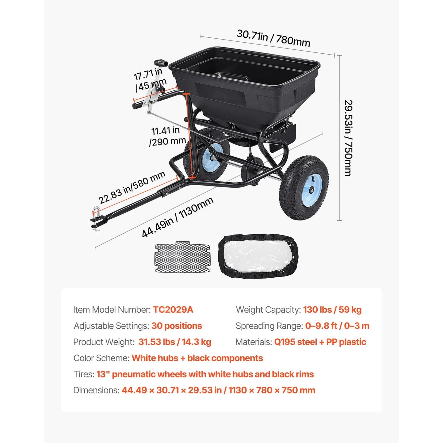 Tow-Behind Broadcast Spreader 130LB 15 Setting 0-9.8 ft Spreading Width for Seed