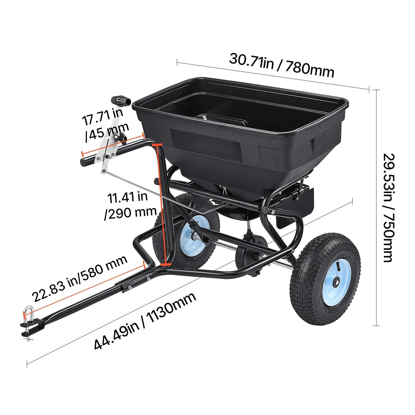 Tow-Behind Broadcast Spreader 130LB 15 Setting 0-9.8 ft Spreading Width for Seed