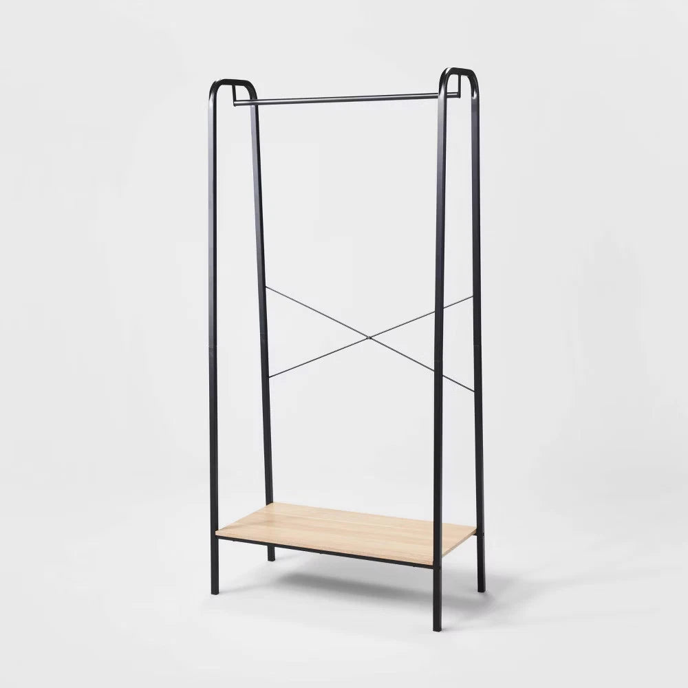 Single Shelf Garment Rack Black Metal with Natural Wood - Brightroom
