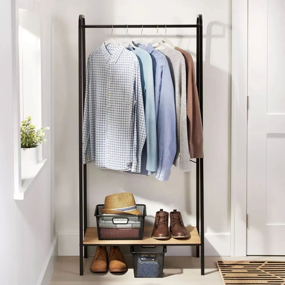 Single Shelf Garment Rack Black Metal with Natural Wood - Brightroom