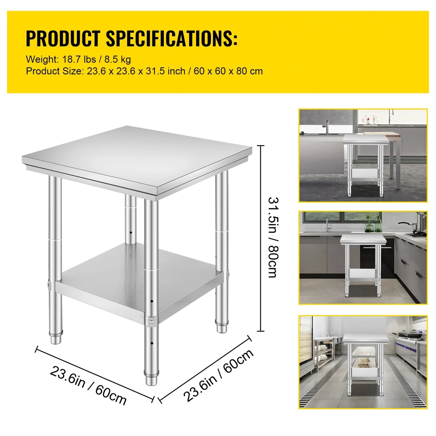 Stainless Steel Commercial Prep Table for Food Service, 24x24x31in